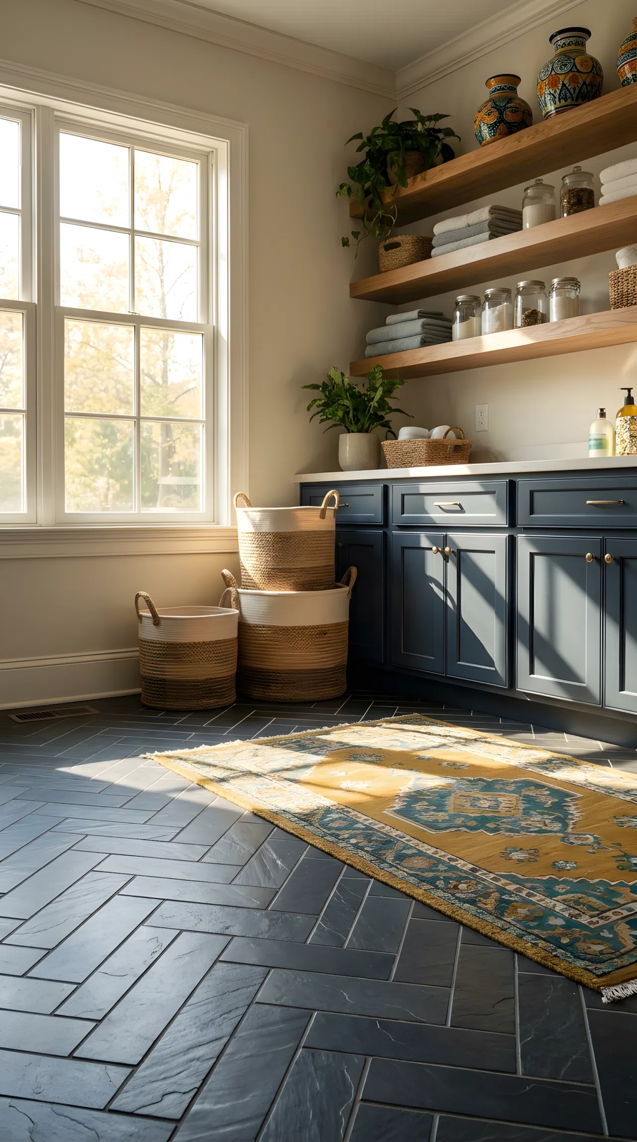 A real-life laundry room floor in herringbone-pattern slate tile (RGB 47,54,58), neatly arranged laundry baskets nearby, clean organized space, dark cabinetry, bright natural light highlighting the tile pattern, vibrant accents, beautifully arranged shelving, Pinterest-ready stock photography style, no people, no text overlay.