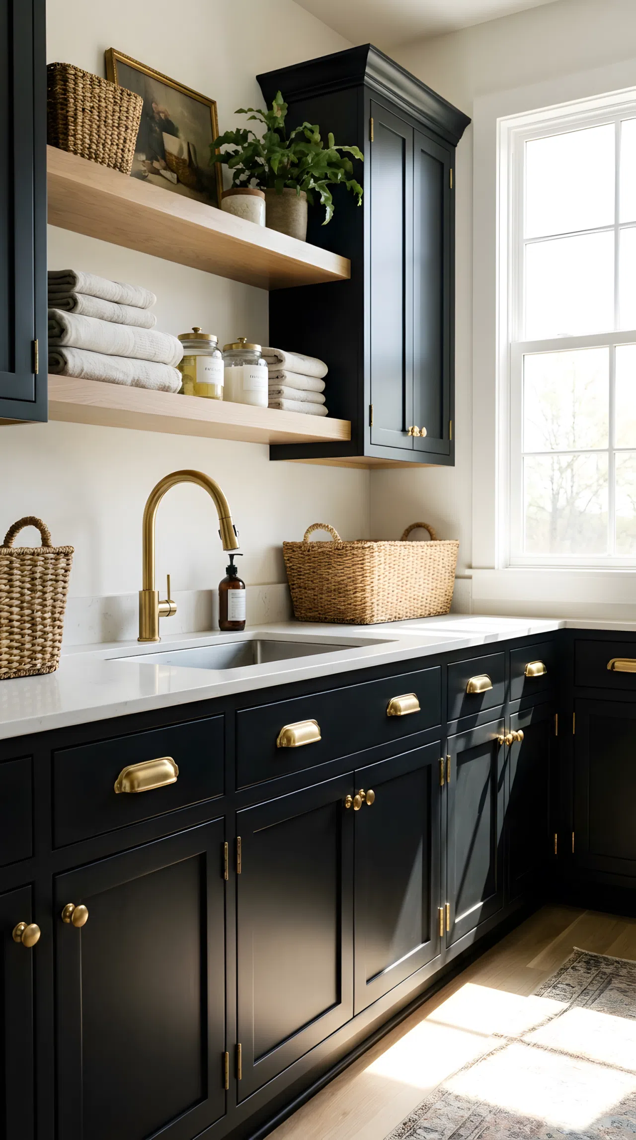 A real-life laundry room with matte black cabinetry and brass drawer pulls and hinges, neatly organized shelves, clean folded linens, brass faucet accent, bright natural light reflecting off the warm metal, vibrant and beautifully arranged, Pinterest-ready stock photography style, no people, no text overlay.