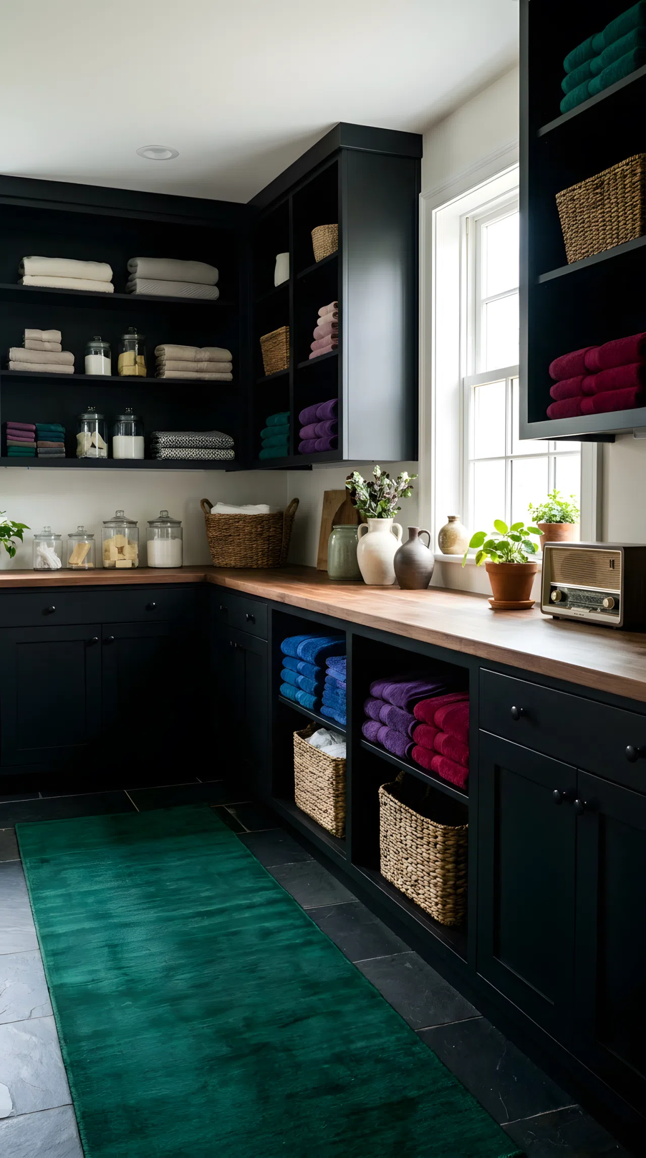 A real-life moody laundry room with a jewel-toned emerald runner (RGB 20,70,50) on the floor, matte black cabinetry, neatly folded laundry on open shelving, clean organized counter, bright natural light with vibrant color contrast, beautifully arranged accents, Pinterest-ready stock photography style, no people, no text overlay.