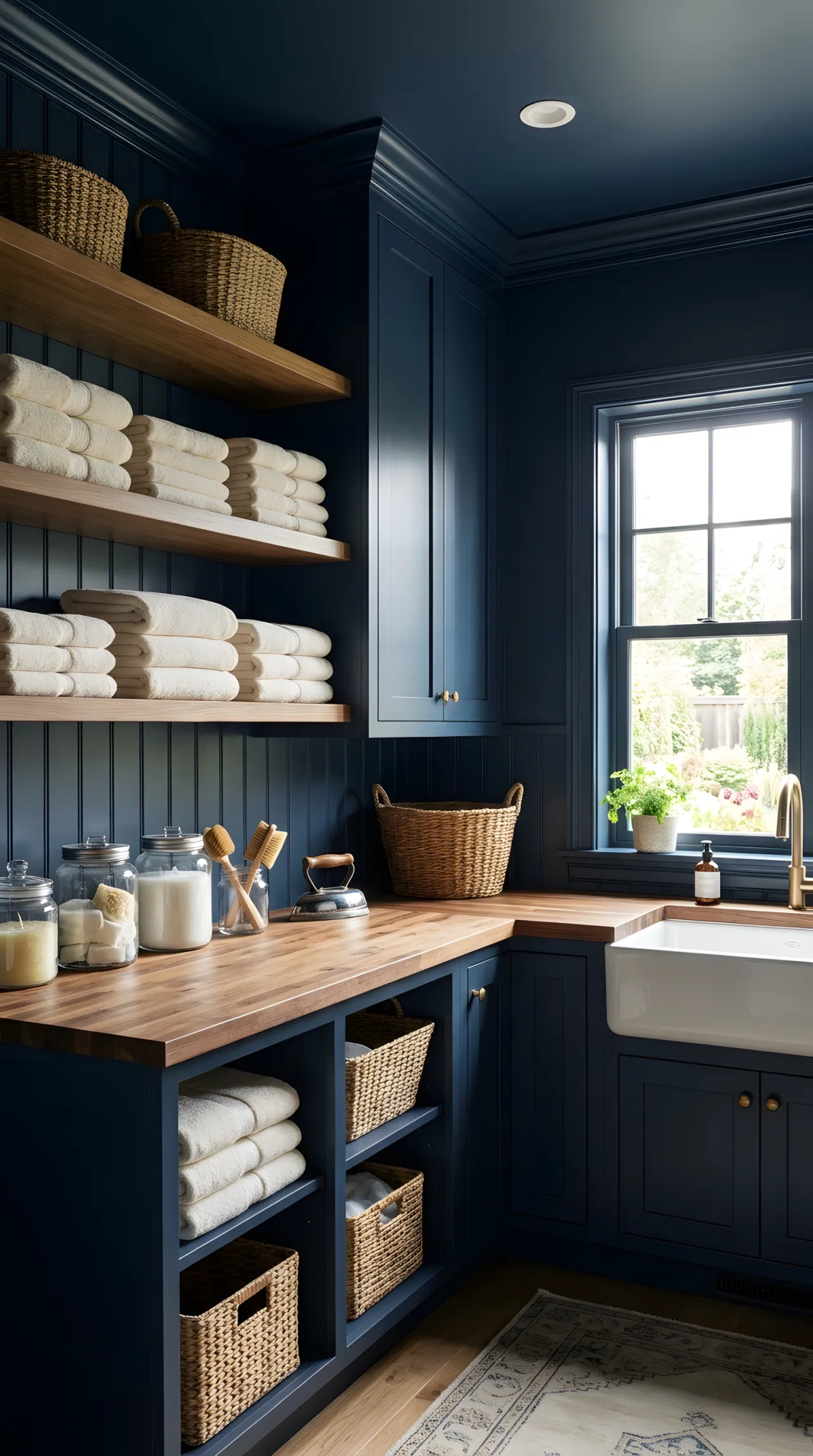 A real-life laundry room fully color-drenched in deep navy (RGB 26,35,50), walls trim and ceiling matching, neatly folded cream towels on open shelving, clean organized counter, bright natural light entering from a window, vibrant contrast, beautifully arranged, Pinterest-ready stock photography style, no people, no text overlay.