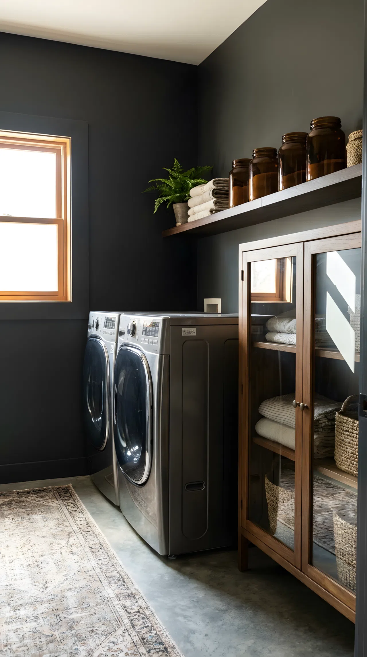 A real-life small laundry room with stacked washer and dryer, dark charcoal walls, slim floating shelf neatly organized above, glass-front cabinet reflecting light, clean and beautifully arranged, bright natural light from a small window, vibrant tones, Pinterest-ready stock photography style, no people, no text overlay.
