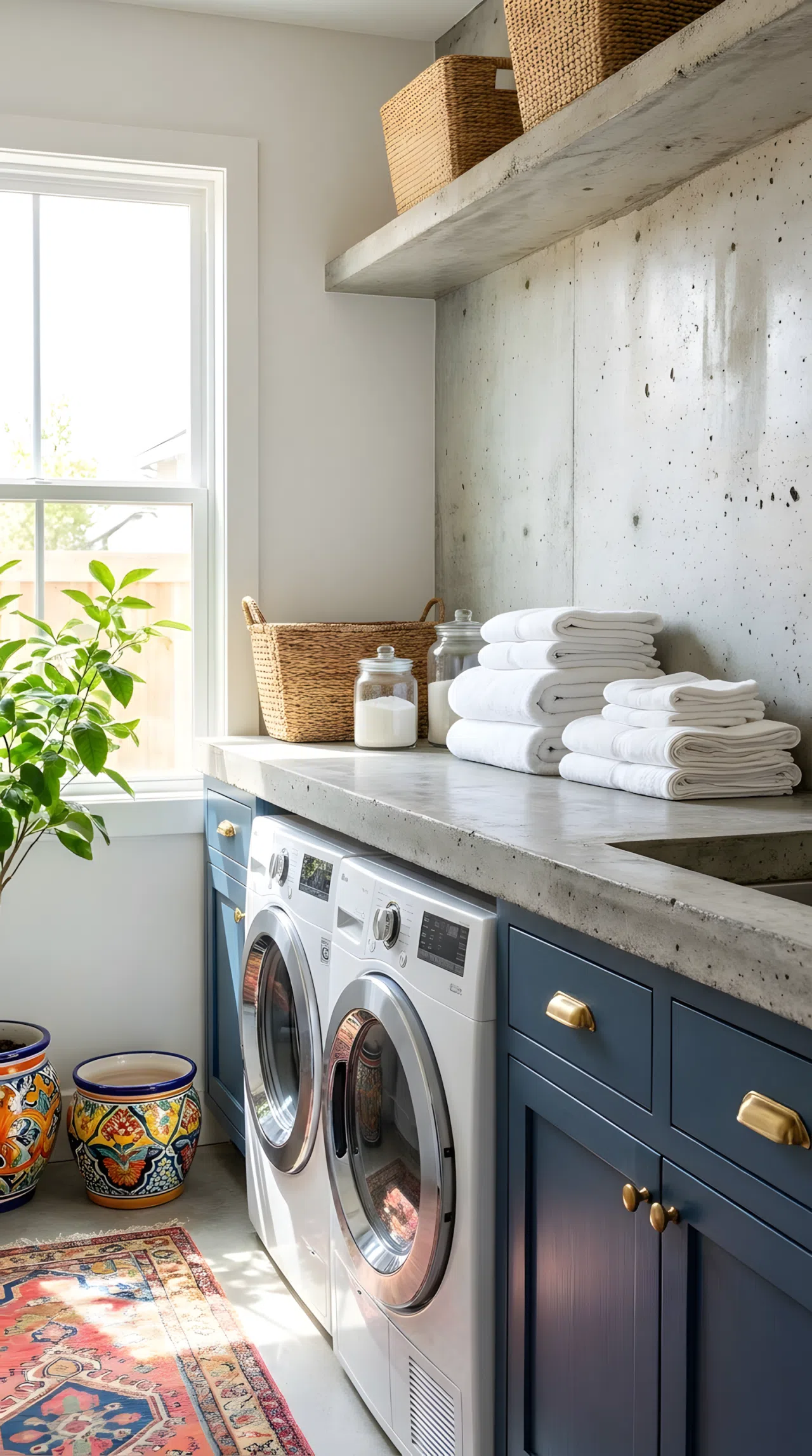 A real-life laundry room with a raw concrete countertop over washer and dryer, dark cabinetry below, neatly arranged folded laundry on top, clean organized surface, bright natural light highlighting the concrete texture, vibrant accents nearby, beautifully arranged, Pinterest-ready stock photography style, no people, no text overlay.