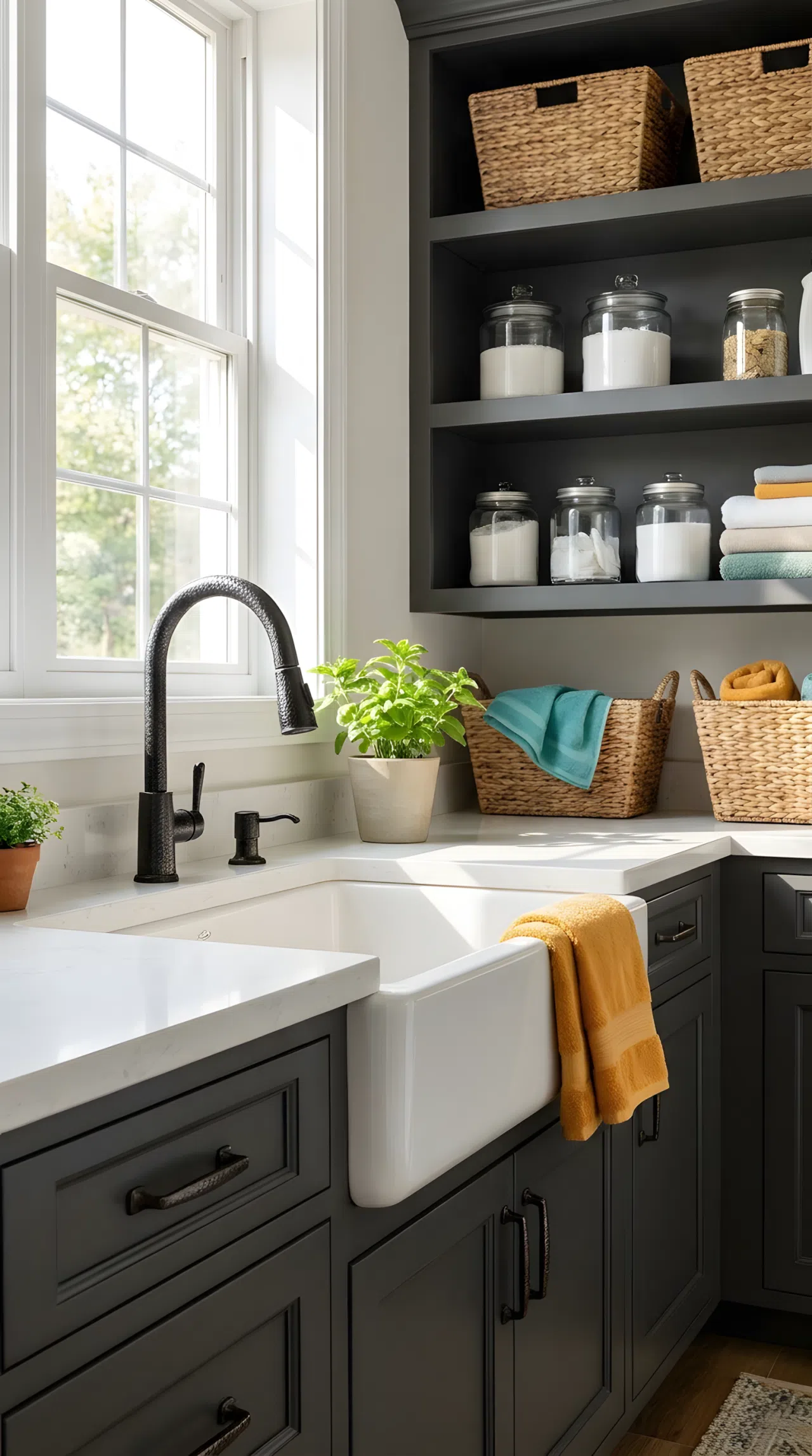 A real-life laundry room with a hammered black metal faucet and matching cabinet pulls, dark charcoal cabinetry, neatly organized shelving nearby, clean counter, bright natural light catching the textured metal surface, vibrant tones, beautifully arranged, Pinterest-ready stock photography style, no people, no text overlay.