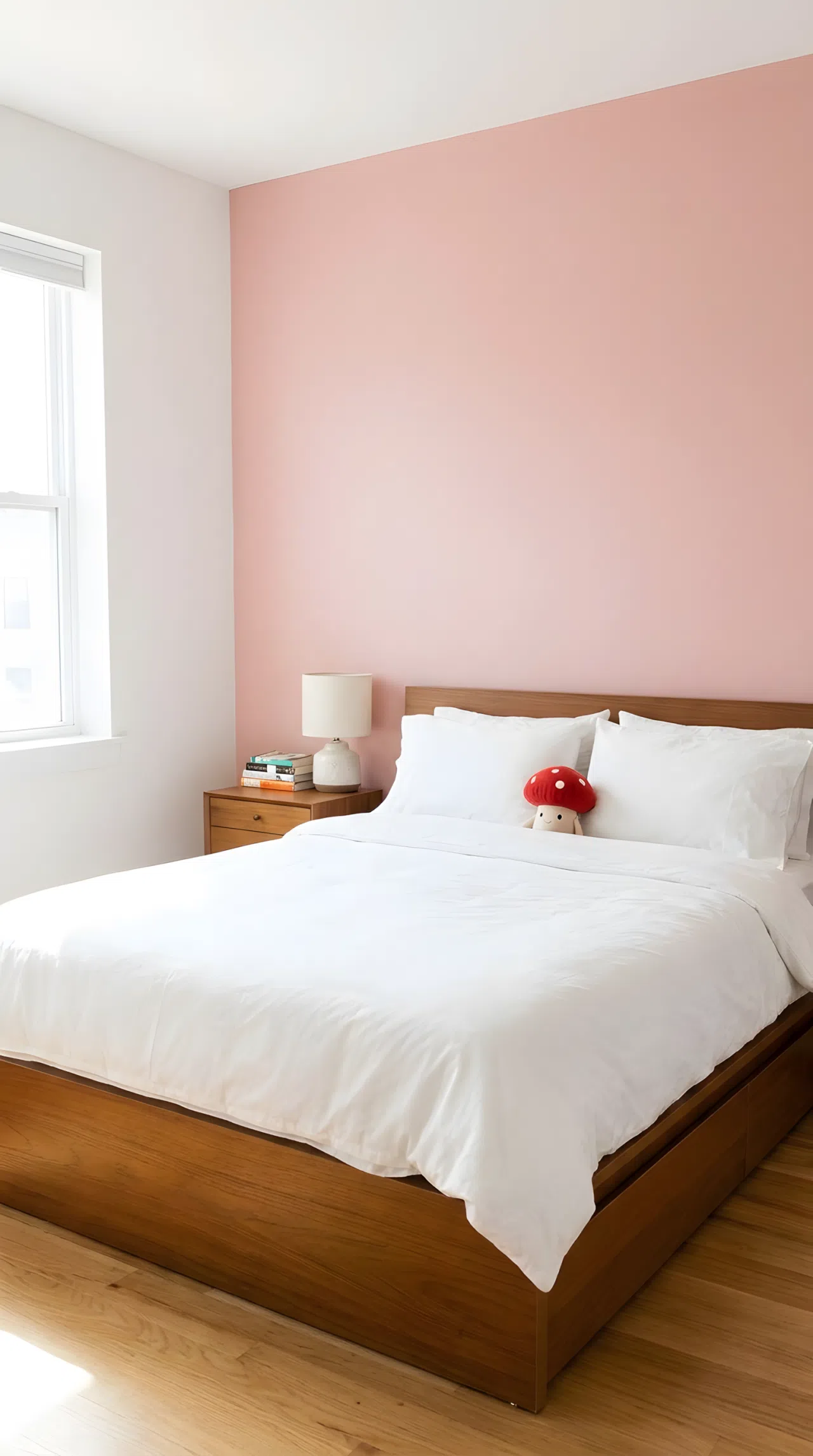 Real-life stock photo style bedroom, bed neatly made with white linens against a blush pink accent wall (RGB 232,180,184), small red mushroom shaped toy resting on the nightstand, warm wood furniture, beautifully arranged, organized, clean, bright natural light, vibrant colors, no people, no text overlay