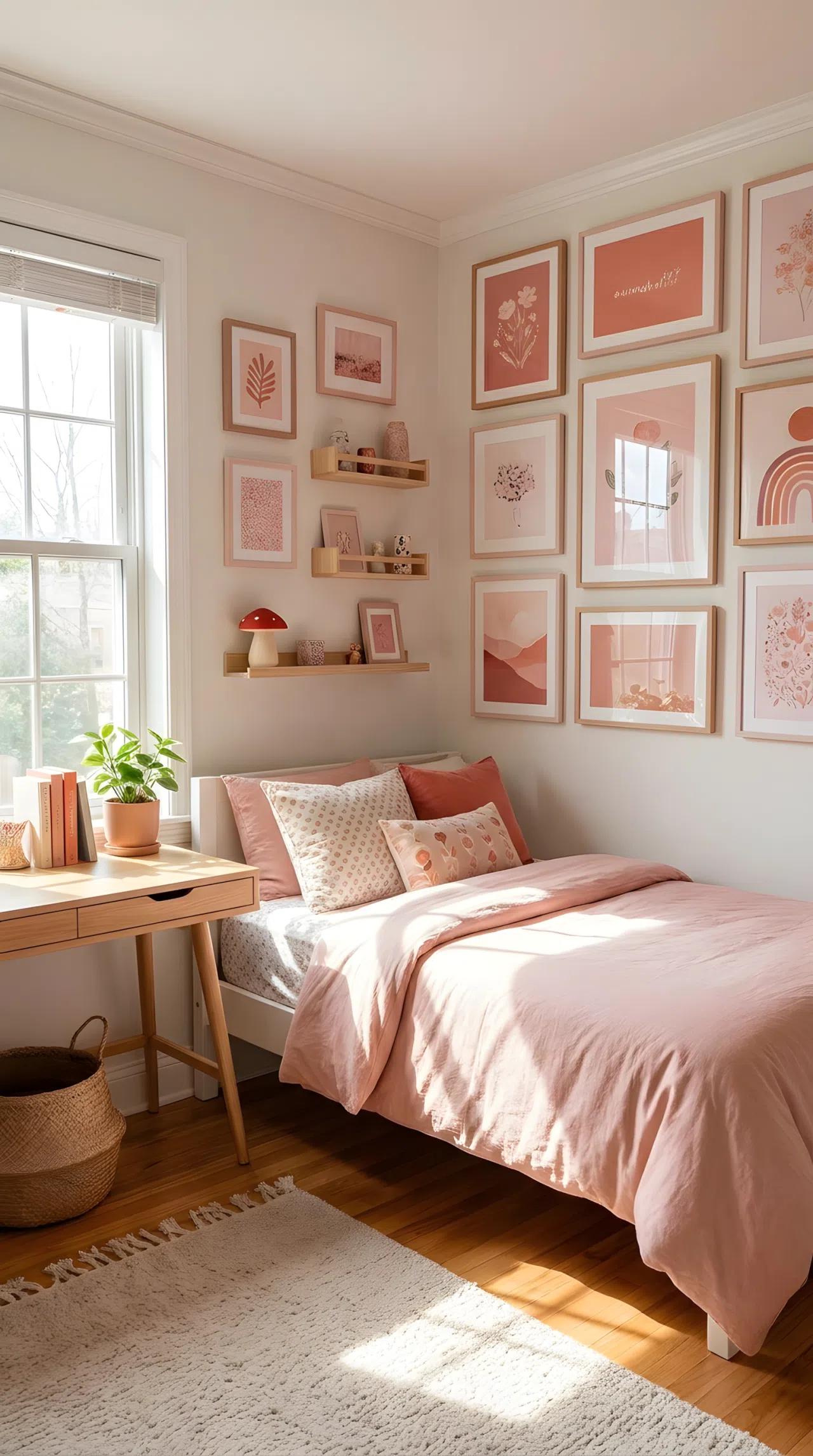 Real-life stock photo style teen bedroom, neatly made bed beside a gallery wall of framed prints and small shelves in mixed pink tones, small red mushroom shaped toy on a shelf, beautifully arranged, organized, clean, bright natural light, vibrant colors, no people, no text overlay
