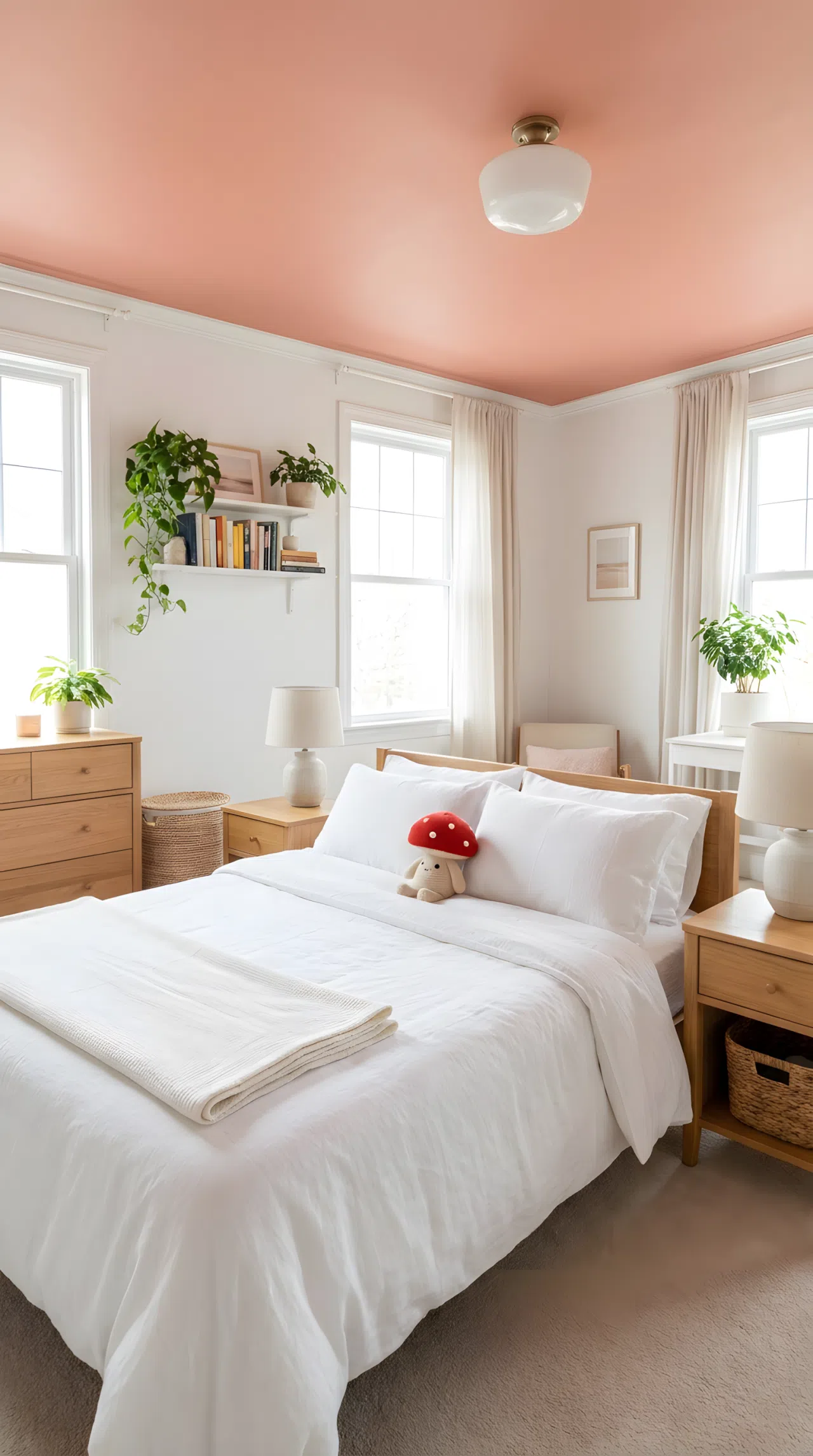Real-life stock photo style bedroom, neatly made bed with white bedding beneath a salmon pink ceiling (RGB 232,138,120), light wood furniture, small red mushroom shaped toy resting on the bed, beautifully arranged, organized, clean, bright natural light, vibrant colors, no people, no text overlay