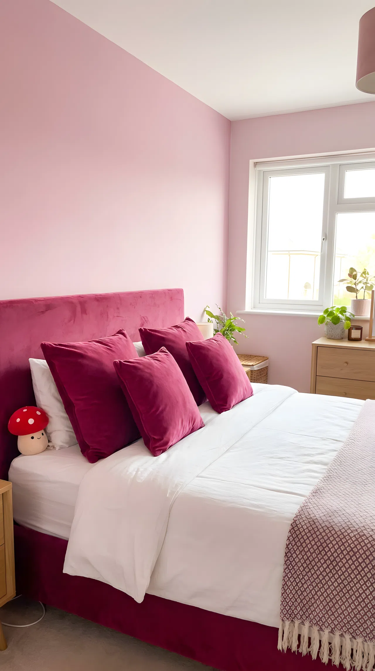 Real-life stock photo style bedroom, neatly made bed with a deep pink velvet headboard, matching velvet pillows, lighter pink walls, small red mushroom shaped toy tucked near the pillows, beautifully arranged, organized, clean, bright natural light, vibrant colors, no people, no text overlay