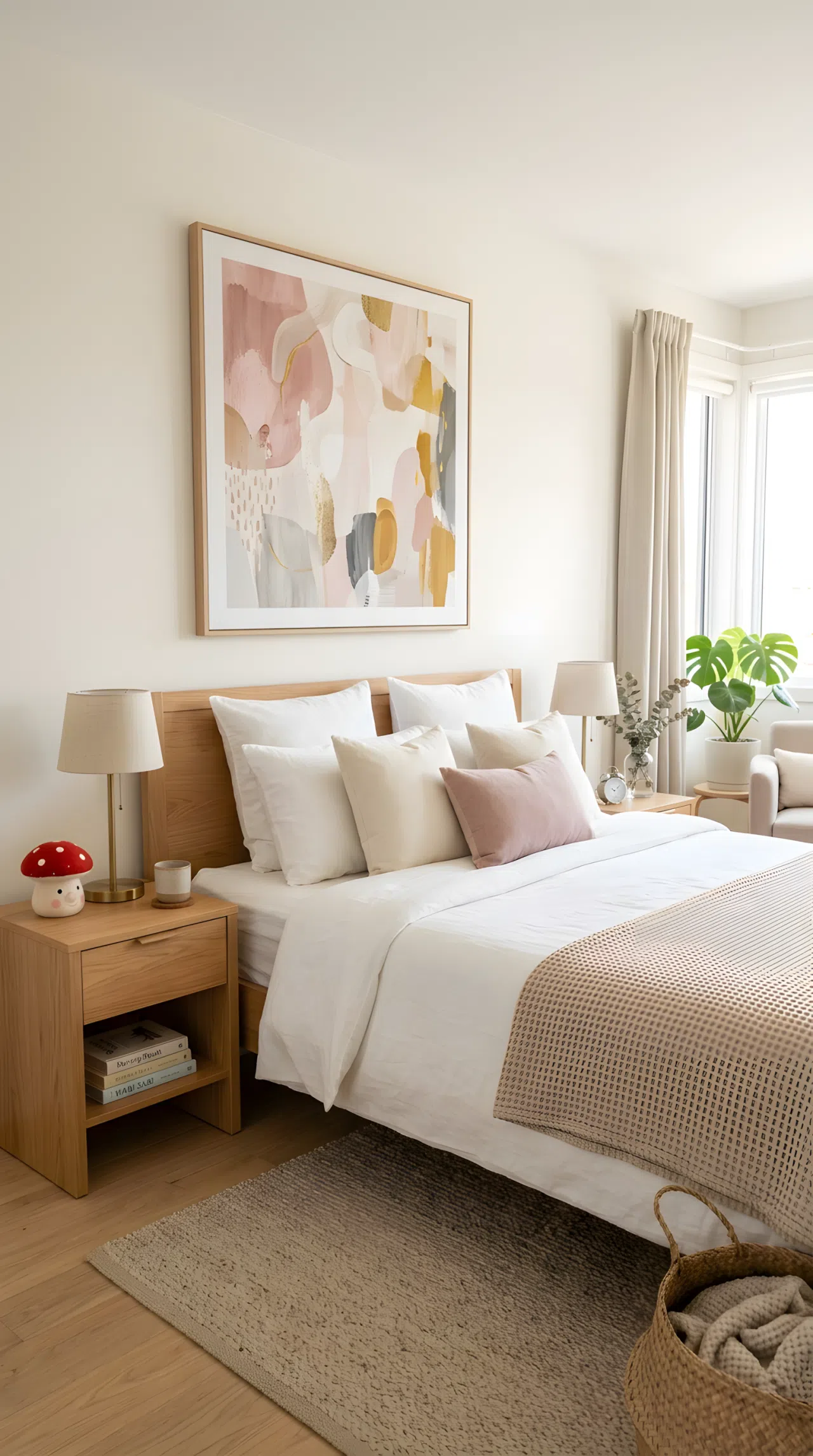 Real-life stock photo style bedroom, neatly made bed beneath a large abstract art piece in muted pink tones, neutral walls, small red mushroom shaped toy on the nightstand, beautifully arranged, organized, clean, bright natural light, vibrant colors, no people, no text overlay