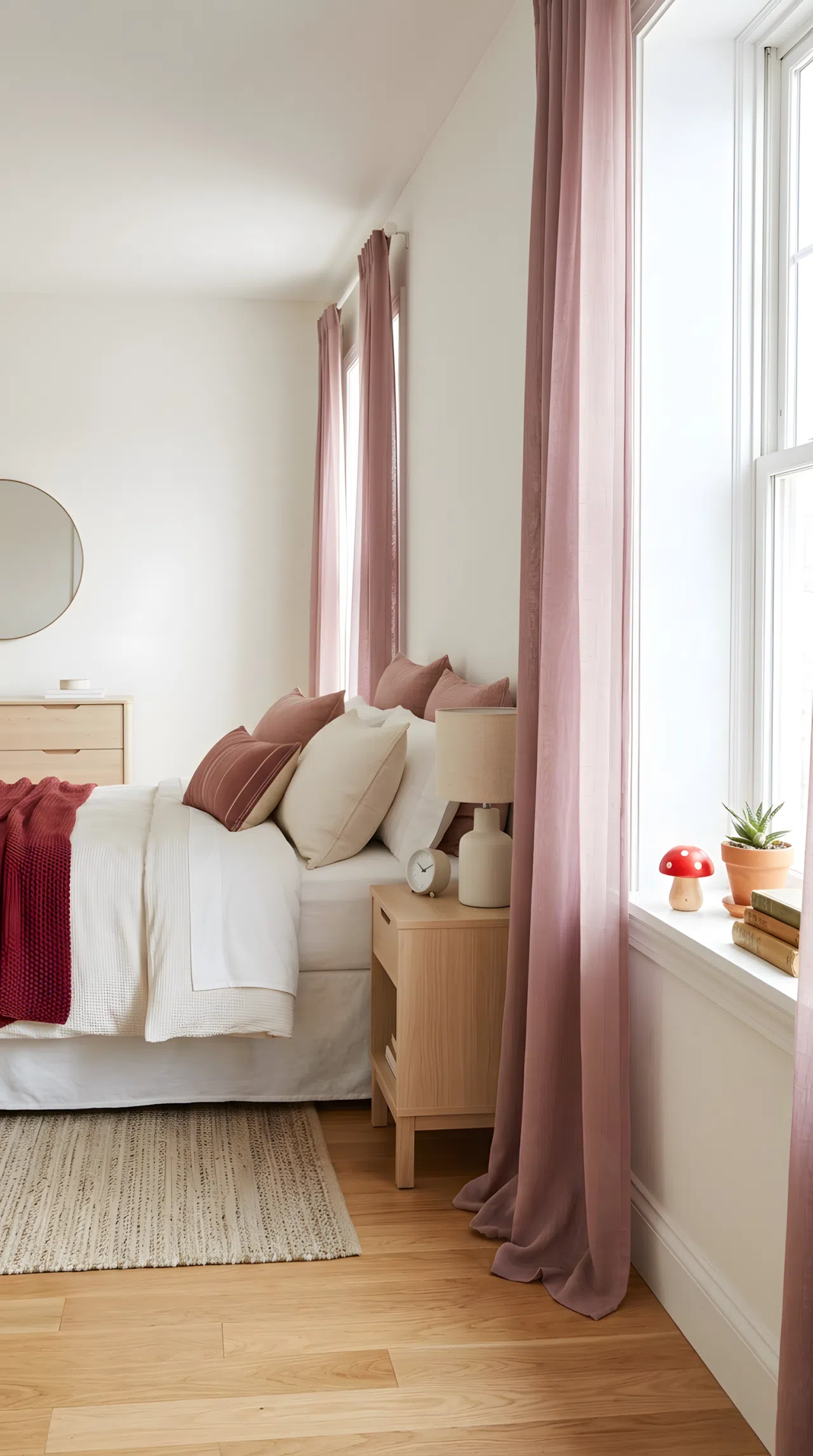 Real-life stock photo style bedroom, neatly made bed near sheer flowing mauve curtains (RGB 176,132,138) pooling at the floor, soft filtered sunlight, small red mushroom shaped toy on the windowsill, beautifully arranged, organized, clean, bright natural light, vibrant colors, no people, no text overlay