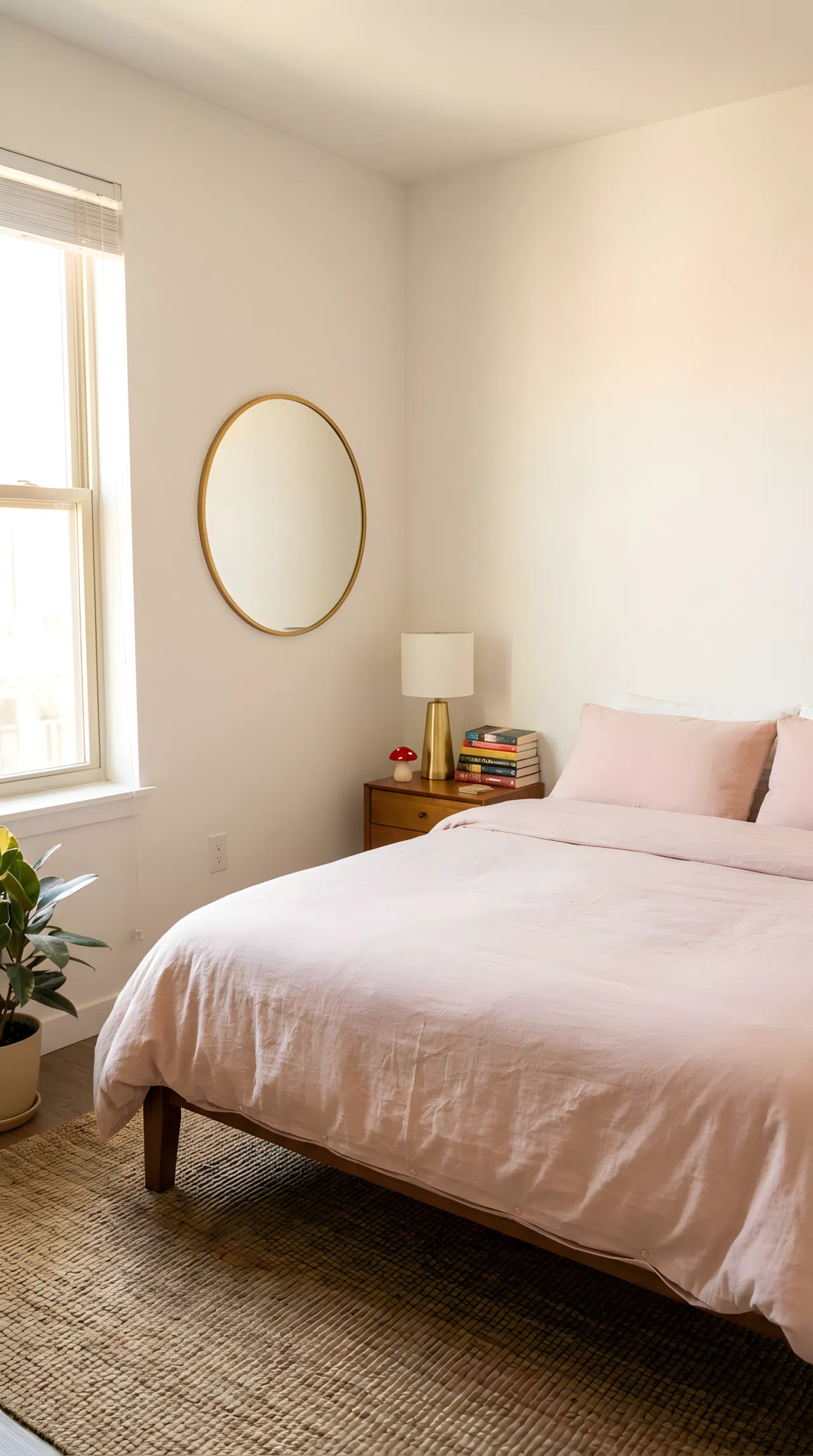 Real-life stock photo style bedroom, neatly made bed with blush pink bedding, gold nightstand lamp and gold mirror frame, small red mushroom shaped toy sitting beside a stack of books on the nightstand, beautifully arranged, organized, clean, bright natural light, vibrant colors, no people, no text overlay