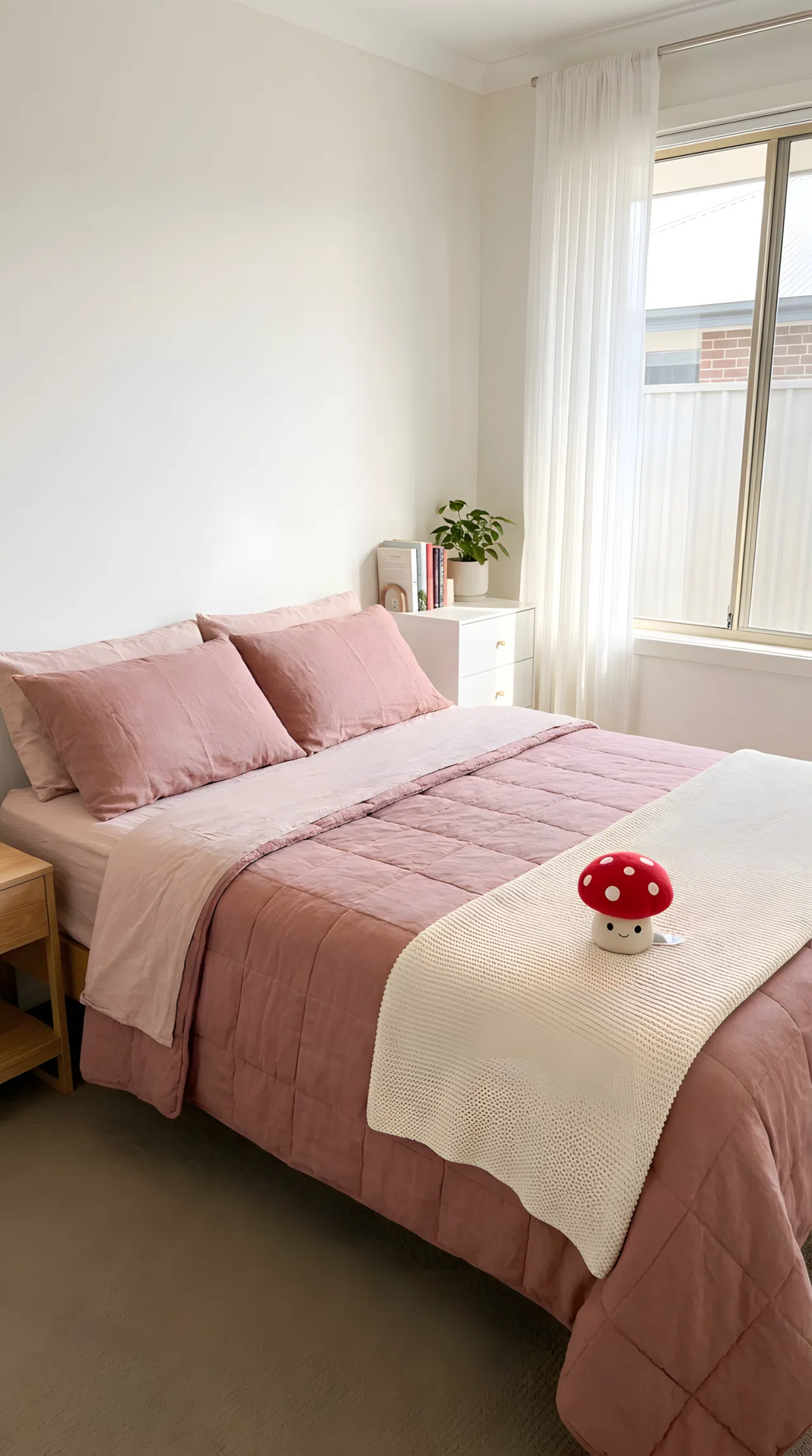 Real-life stock photo style small bedroom, neatly made bed with muted pink linens, minimal furniture, small red mushroom shaped toy placed on a folded blanket at the foot of the bed, beautifully arranged, organized, clean, bright natural light, vibrant colors, no people, no text overlay