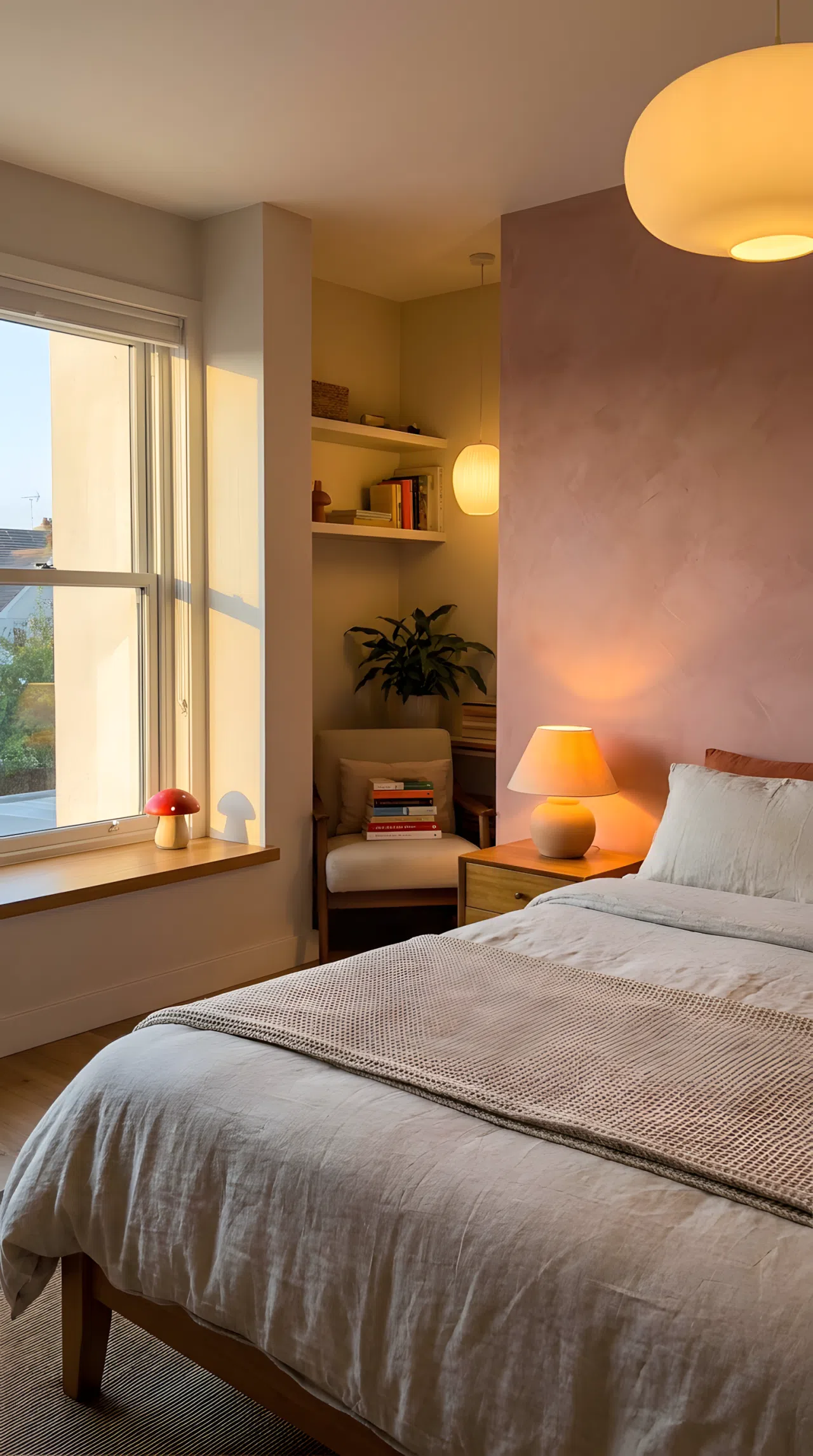 Real-life stock photo style bedroom at golden hour, neatly made bed beside a low table lamp casting warm light across a pink wall, second soft light glowing near a reading corner, small red mushroom shaped toy on the windowsill catching the light, beautifully arranged, organized, clean, bright natural light, vibrant colors, no people, no text overlay