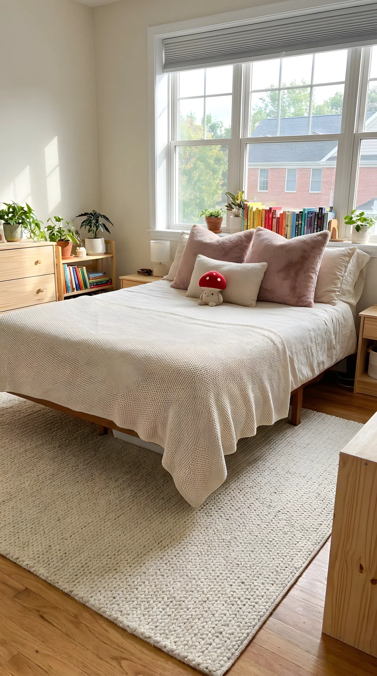 Real-life stock photo style bedroom, neatly made bed layered with a knit throw blanket and plush pink pillows, soft rug on the floor, small red mushroom shaped toy tucked among the pillows, beautifully arranged, organized, clean, bright natural light, vibrant colors, no people, no text overlay