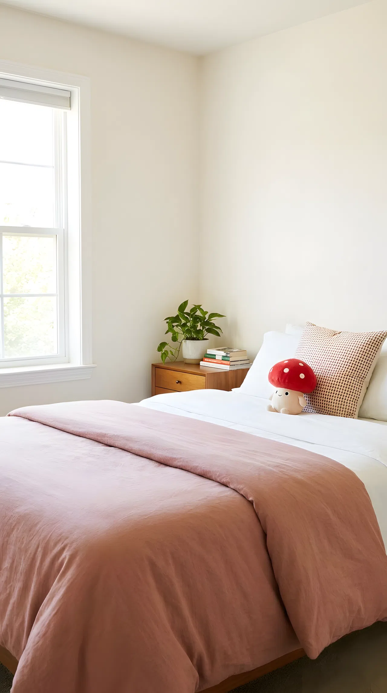 Real-life stock photo style bedroom, bed neatly made with dusty rose duvet (RGB 196,130,121) layered over white sheets, small red mushroom shaped toy propped against a pillow, ivory walls, beautifully arranged, organized, clean, bright natural light, vibrant colors, no people, no text overlay
