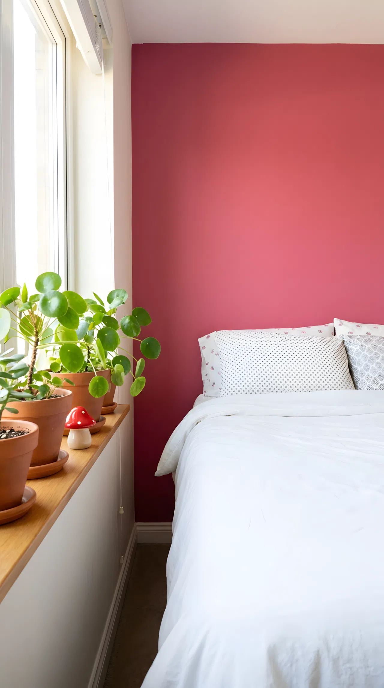 Real-life stock photo style bedroom, neatly made bed against a raspberry pink wall (RGB 200,90,110), potted plants with rounded green leaves on a windowsill, small red mushroom shaped toy nestled among the plant pots, beautifully arranged, organized, clean, bright natural light, vibrant colors, no people, no text overlay