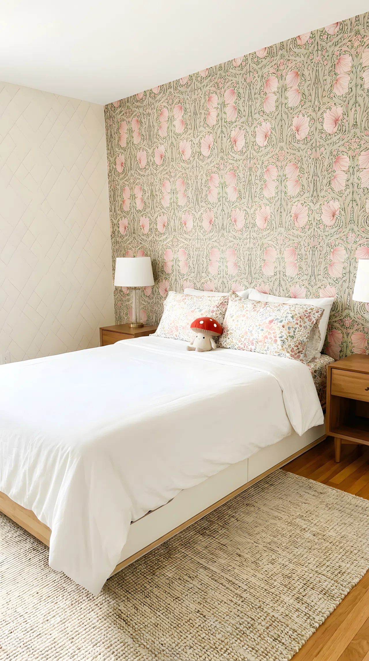Real-life stock photo style bedroom, neatly made bed against a pink floral removable wallpaper accent wall, small red mushroom shaped toy on the bed near the pillows, light background pattern, beautifully arranged, organized, clean, bright natural light, vibrant colors, no people, no text overlay