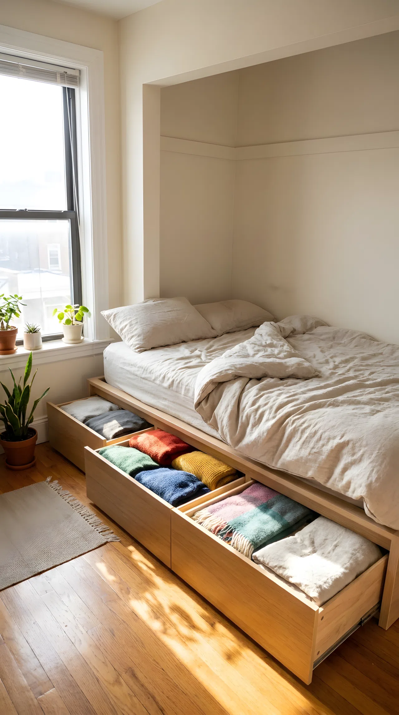 Stock photography, real-life compact small bedroom photo, a neatly made low profile wooden platform bed tucked in a tight room space with smooth integrated storage drawers pulled open showing neatly folded vibrant knit sweaters and bedding, beautifully arranged linen sheets in soft neutral shades, clean organized floor space in a small room layout, bright natural light streaming from a side window onto the crisp hardwood floor.