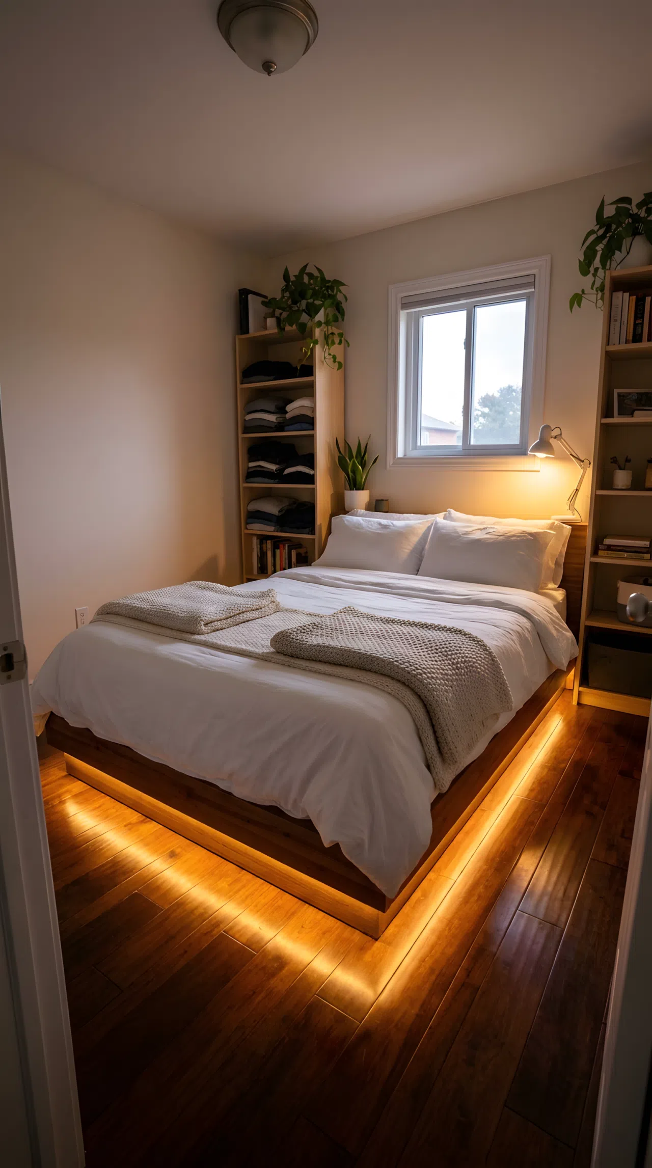 Stock photography, real-life compact small bedroom interior at dusk, warm LED strip lights hidden under a bed frame tucked in a tight space, casting soft ambient golden light downward onto clean hardwood floor, creating a floating bed effect with soft floor glow, neatly made bedding with crisp white sheets, beautifully arranged cozy atmosphere in a snug room, organized space, bright natural light fading to cozy evening ambiance.