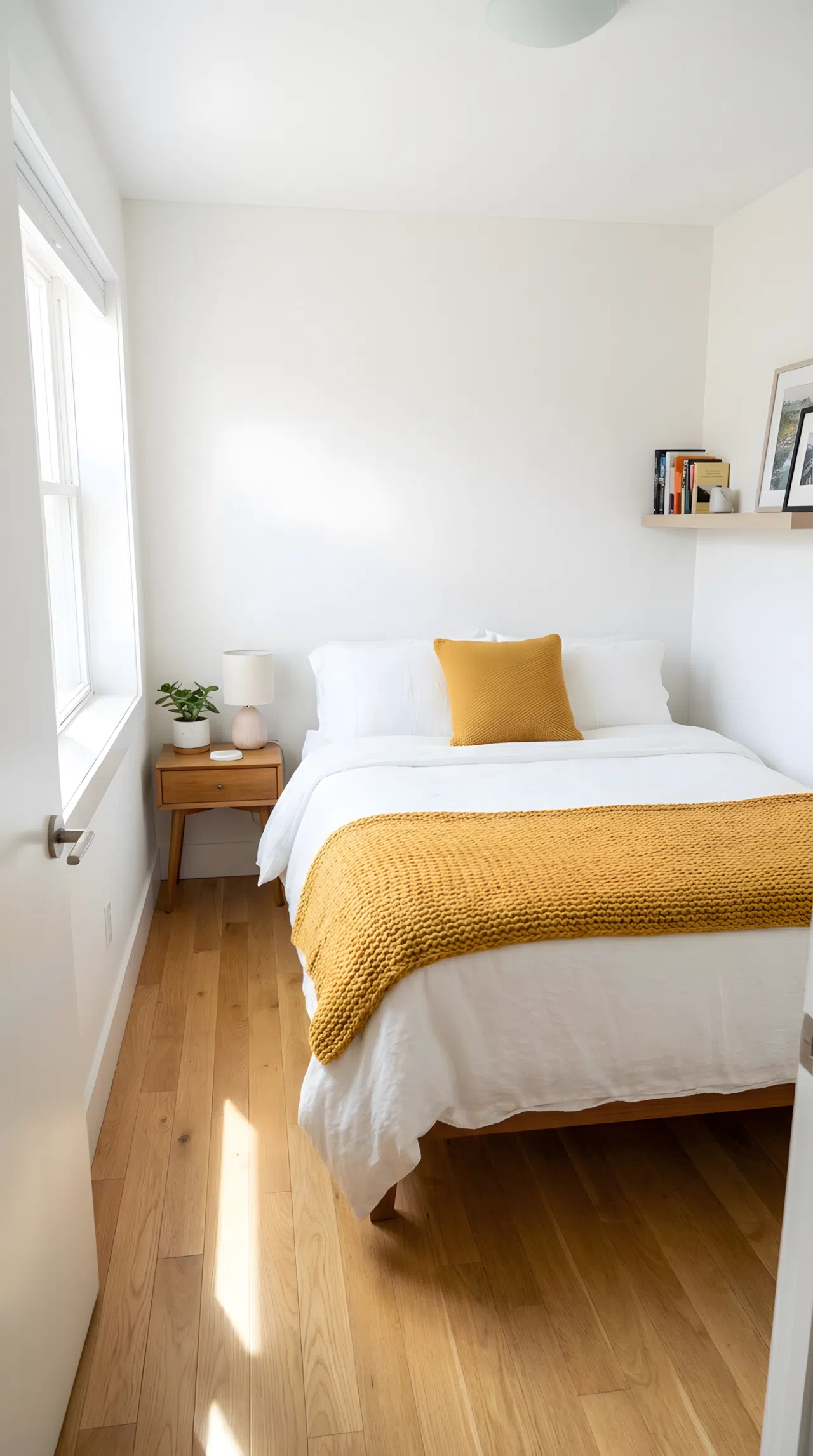 Stock photography, real-life cozy modern small bedroom, a neatly made bed in a compact room layout with crisp white linen duvet layered with a rich mustard yellow RGB(229, 169, 59) textured knit throw blanket and matching accent pillow, beautifully arranged minimalist setting in a tight bedroom space, clean hardwood floor, organized room, bright natural light streaming from window.