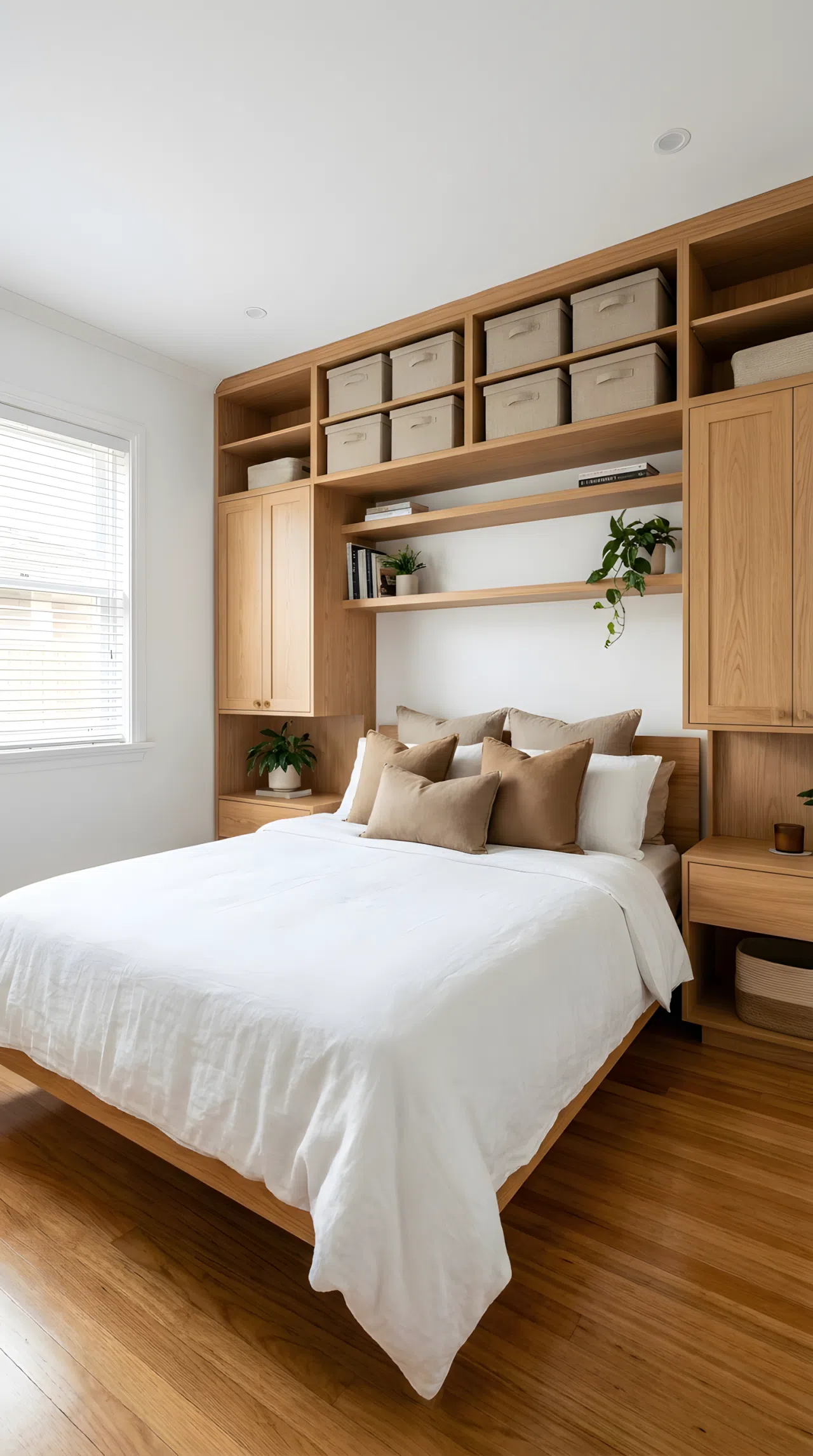Stock photography, real-life functional compact small bedroom, custom light wood cabinetry built over and framing a bed pushed snugly into a narrow bedroom layout, neatly made bed with plush pillows, beautifully arranged storage boxes tucked in high overhead compartments, clean white walls, organized small room layout, bright natural light coming from side window onto pristine hardwood floors.