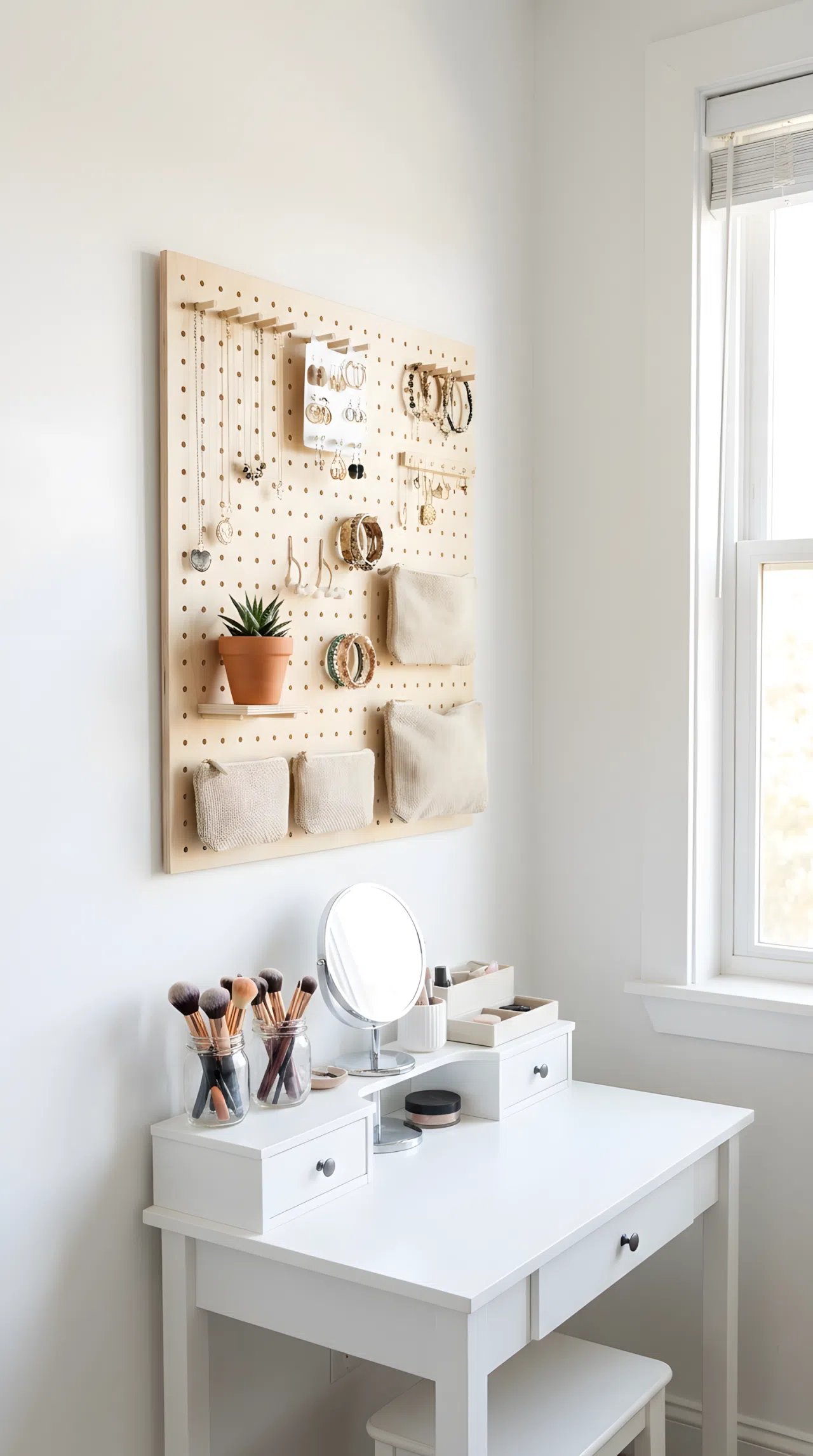 Stock photography, real-life practical small bedroom organization wall, a light birch wooden pegboard neatly made and mounted on wall in a tight bedroom corner, beautifully arranged with hanging jewelry, small vibrant potted plant, and woven pouches, clean surrounding white wall, organized vanity corner in a compact room, bright natural light illuminating the scene.
