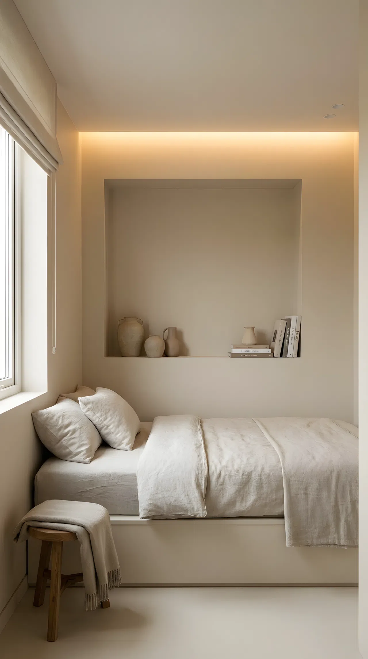 Stock photography, real-life serene compact small bedroom interior, a recessed wall niche built behind a neatly made bed pushed close to wall, hidden LED lighting positioned inside top edge casting a warm glow downward onto beautifully arranged ceramic vases and books, clean minimalist design in a tight bedroom footprint, organized setting, bright natural light blending with soft warm cove light.