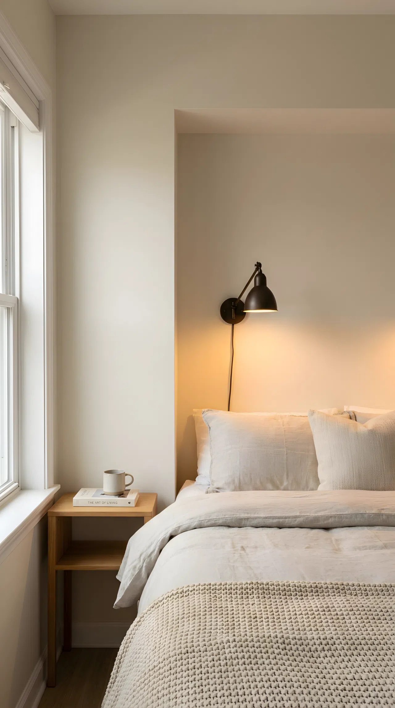 Stock photography, real-life practical small bedroom interior, a neatly made bed fitting snugly against a light wall in a compact room, a matte black brass sconce mounted high on the wall casting warm glowing light downwards and creating soft ambient light beams across the tiny nightstand, clean surface with a ceramic mug and book, beautifully arranged bed linen, organized room corner, bright natural light blending with soft warm lamp glow.
