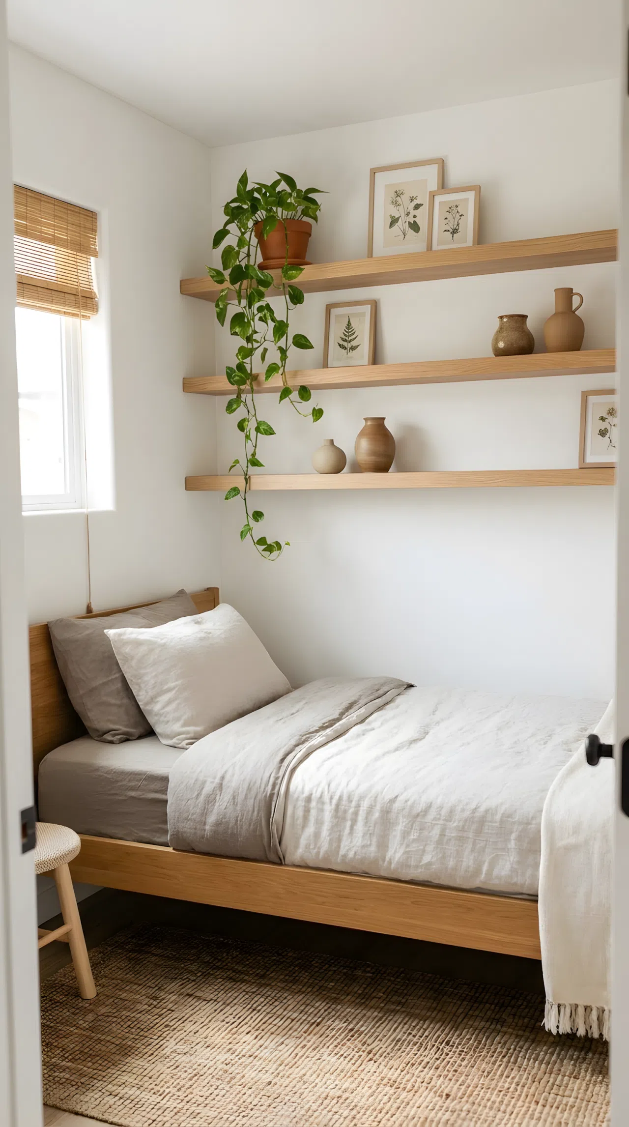 Stock photography, real-life cozy Japandi compact small bedroom interior, a set of light oak floating shelves mounted on a white wall above a neatly made bed in a tight space, beautifully arranged decor featuring vibrant green pothos trailing plant, framed mini art, and ceramic vases, clean dust-free surfaces, organized aesthetic display, bathed in bright natural light streaming from an adjacent small window.
