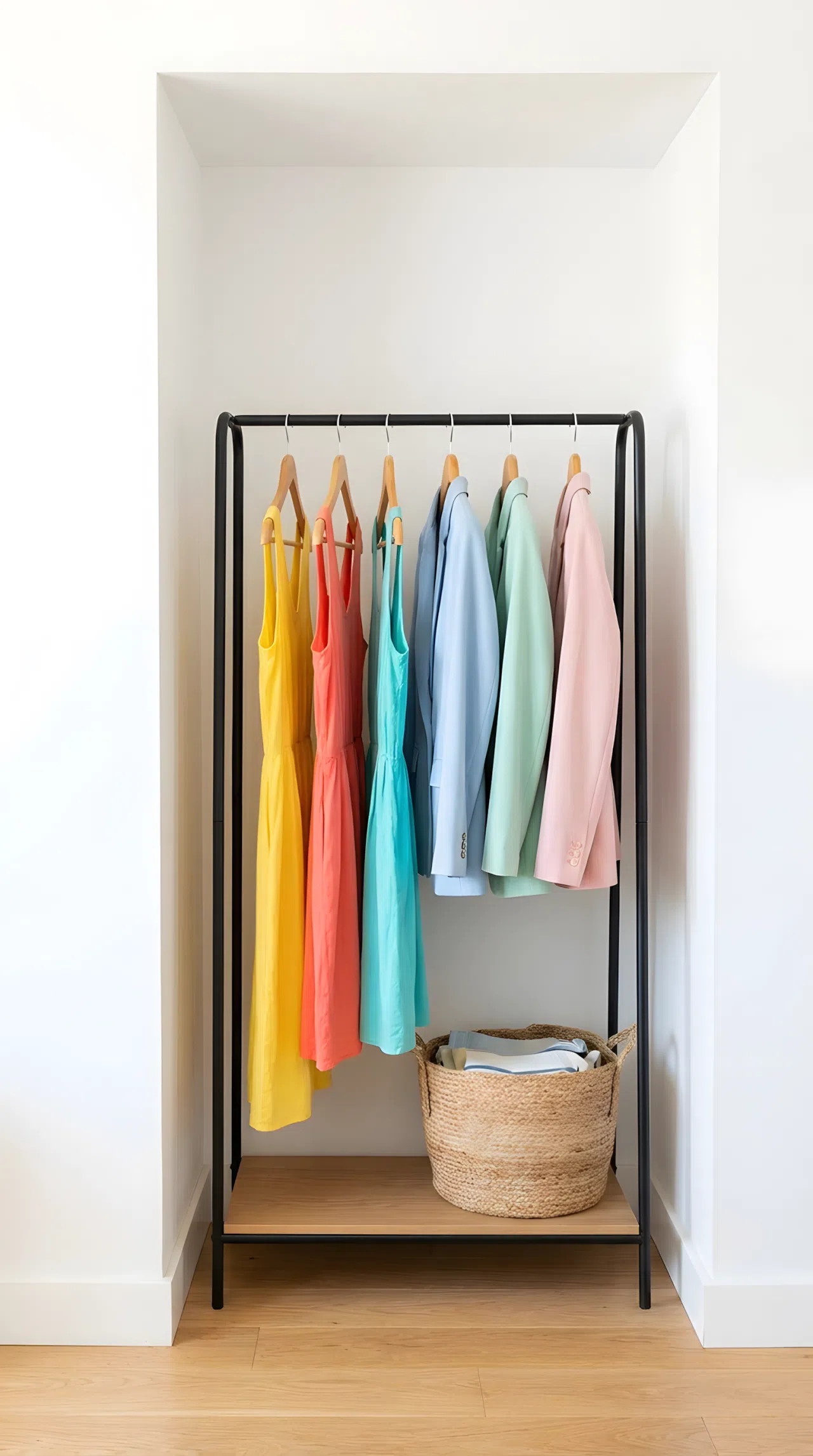 Stock photography, real-life practical small bedroom organization corner, a minimalist black metal open garment rack fitting neatly in a tight room layout with neatly made hanger spacing, color-coordinated vibrant summer dresses and pastel coats beautifully arranged, woven storage basket on the bottom shelf, clean surrounding wooden floor, organized aesthetic setting in a compact room, bathed in bright natural light.