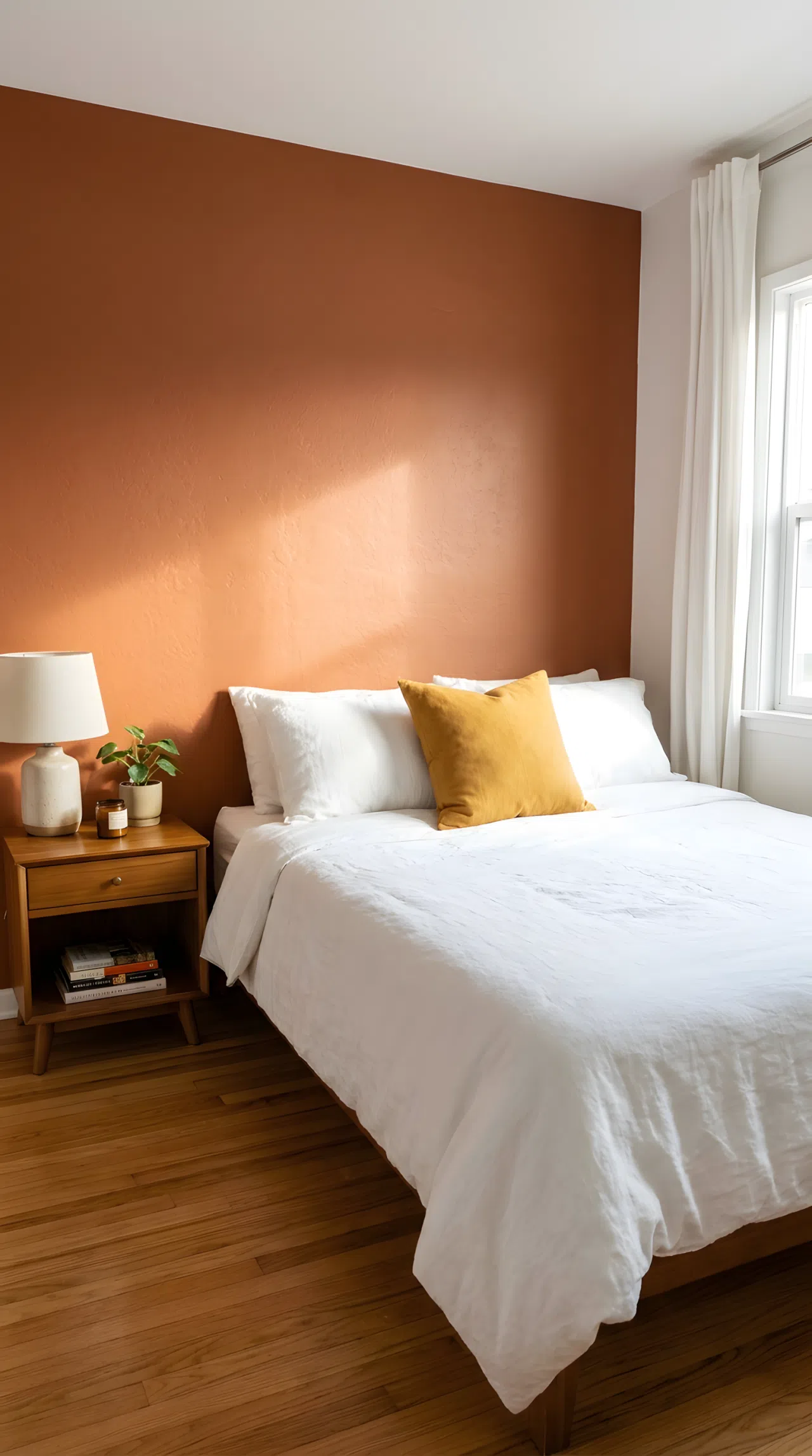 Stock photography, real-life practical small bedroom photo, a tiny bedroom feature wall painted in rich warm terracotta RGB(204, 119, 88) behind a bed pushed close to the corner, a neatly made bed with plush white linen duvet and mustard yellow throw pillow, beautifully arranged nightstand decor, clean hardwood flooring, organized tight space setting, bright natural light streaming from a side window highlighting wall texture.