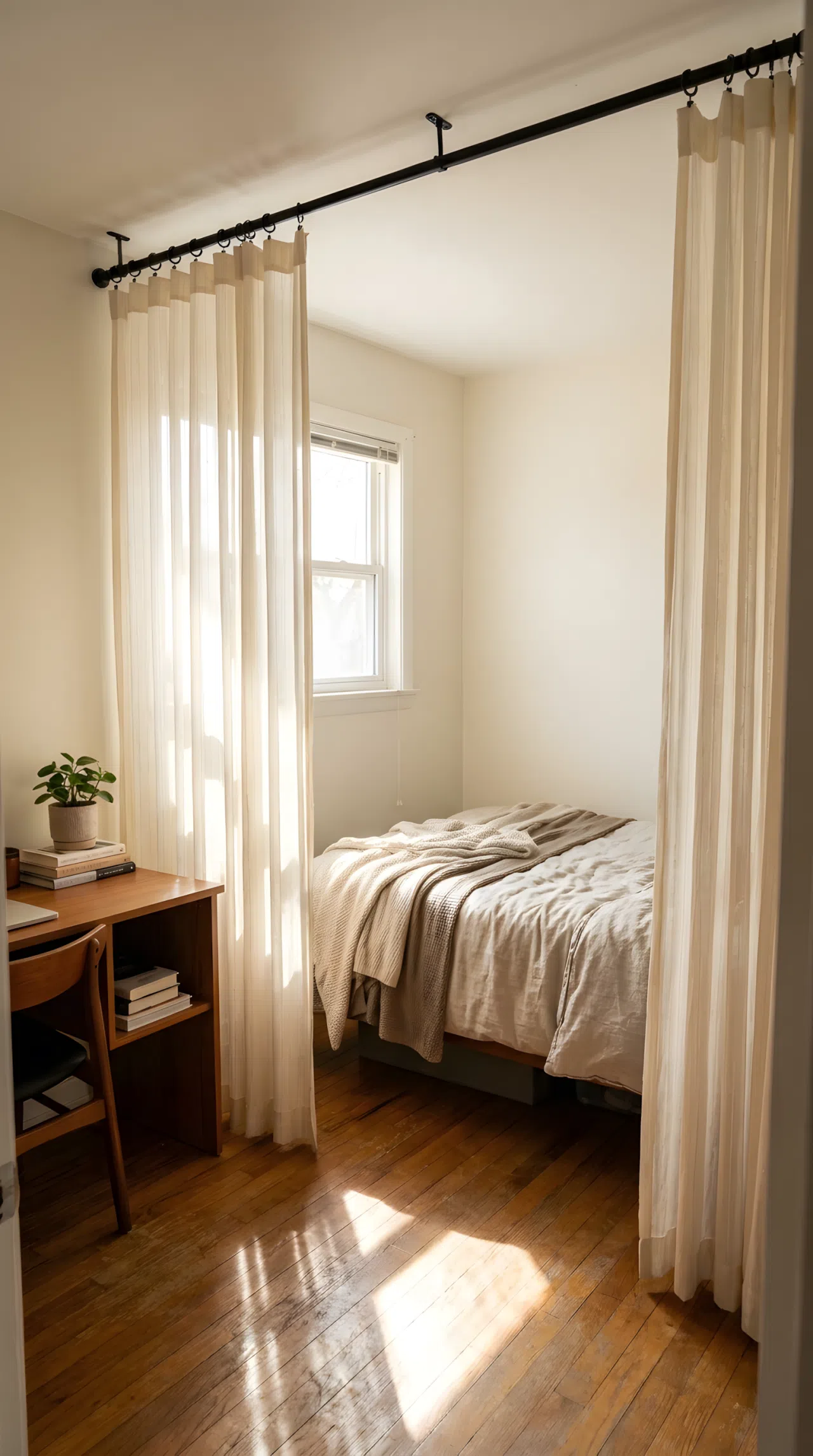 Stock photography, real-life cozy compact small bedroom, floor-to-ceiling sheer cream curtains neatly made and hanging high from black curtain rod near ceiling line above a small window, sunlight streaming through casting soft shadow patterns across hardwood floor in a snug room, beautifully arranged bed in background, organized corner, clean space, bright natural light filling the cozy tight room.