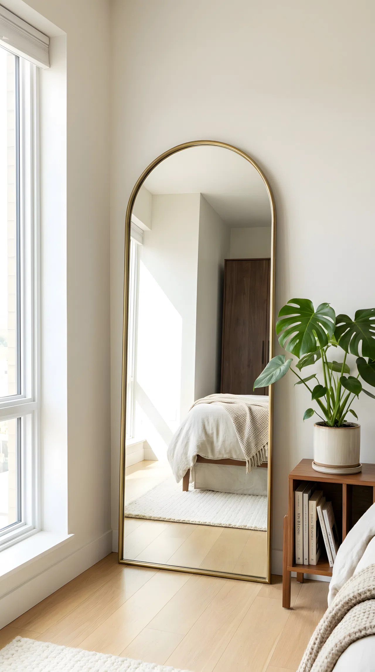 Stock photography, real-life elegant compact small bedroom, a tall arch floor mirror with thin brass frame placed in a tight bedroom corner opposite a window, reflection showing bright natural light bouncing across a neatly made bed pushed close to the wall and soft rug, clean pristine flooring in a small room layout, beautifully arranged room corner with vibrant potted monstera plant, organized space.