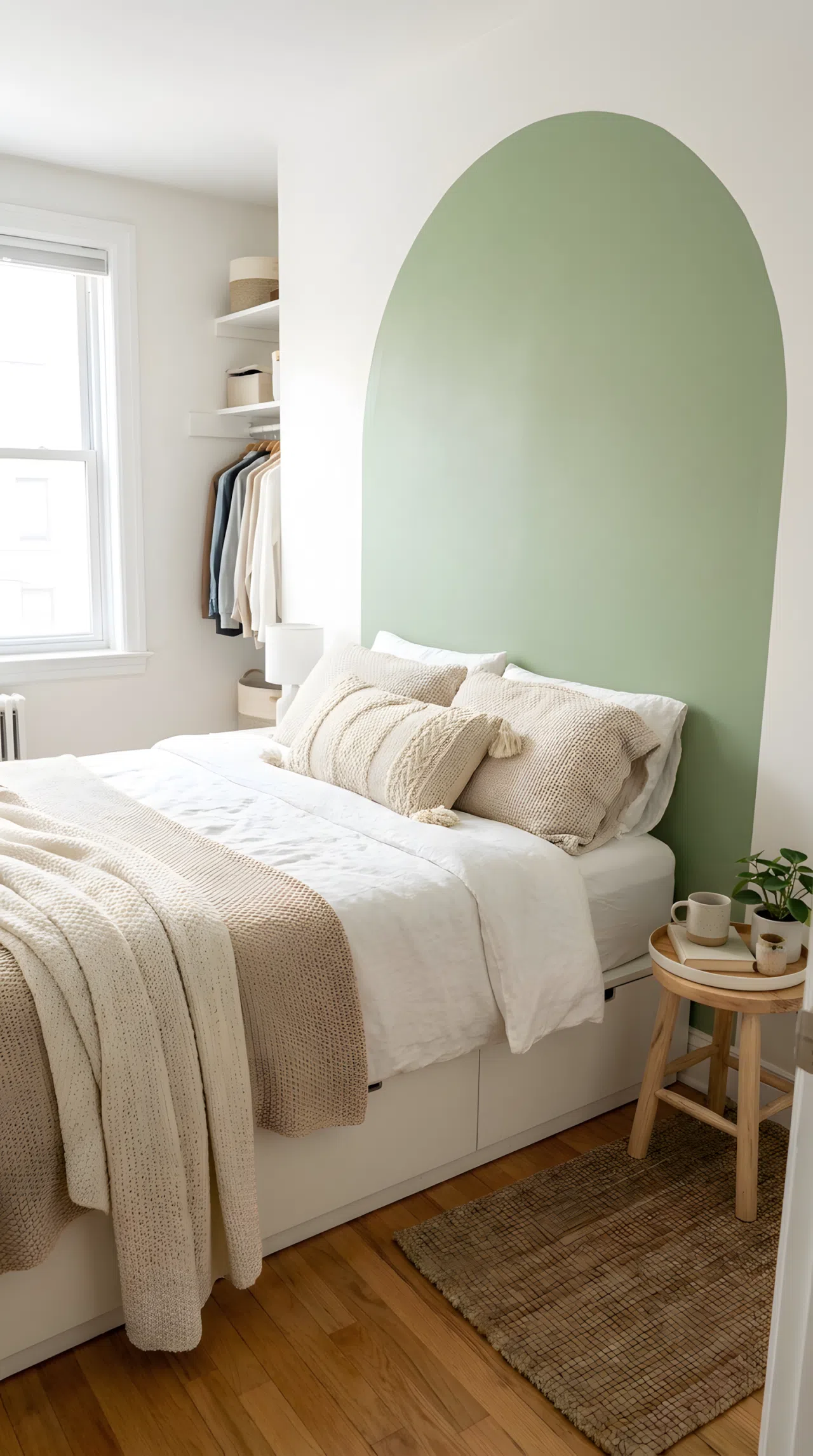 Stock photography, real-life aesthetic compact small bedroom, wall behind a bed pushed flush against the side wall painted with a soft painted arch in calming sage green RGB(157, 193, 131), a neatly made bed with white duvet and textured throw blankets, beautifully arranged bedside tray, clean hardwood floor, organized tight room setting, bright natural light.