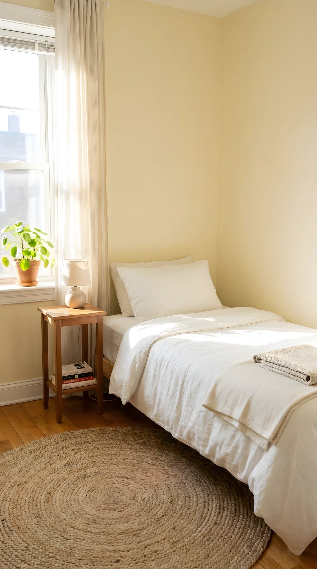 A small guest bedroom with a single bed pushed against the wall, neatly made white bedding, slim wooden nightstand with a lamp, woven jute rug on the floor, bright natural light from a window, beautifully arranged and organized, real-life stock photography style, vibrant warm tones, no people, no text overlay.