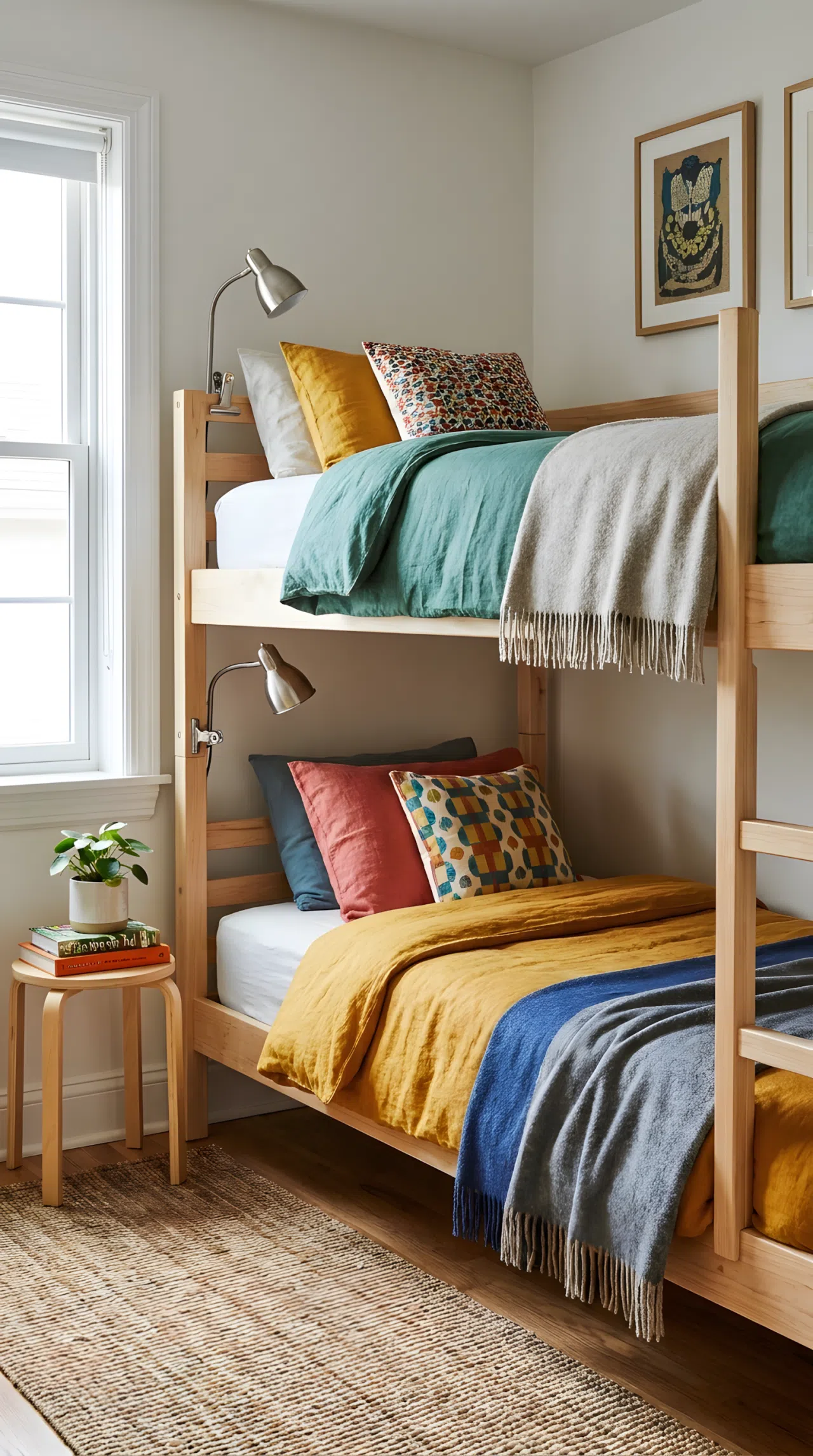 A small guest bedroom with stacked twin beds in a simple wooden frame, neatly made bedding on both levels, small clip-on reading lights attached to each frame, bright natural light from a nearby window, beautifully arranged and organized, real-life stock photography style, vibrant tones, no people, no text overlay.