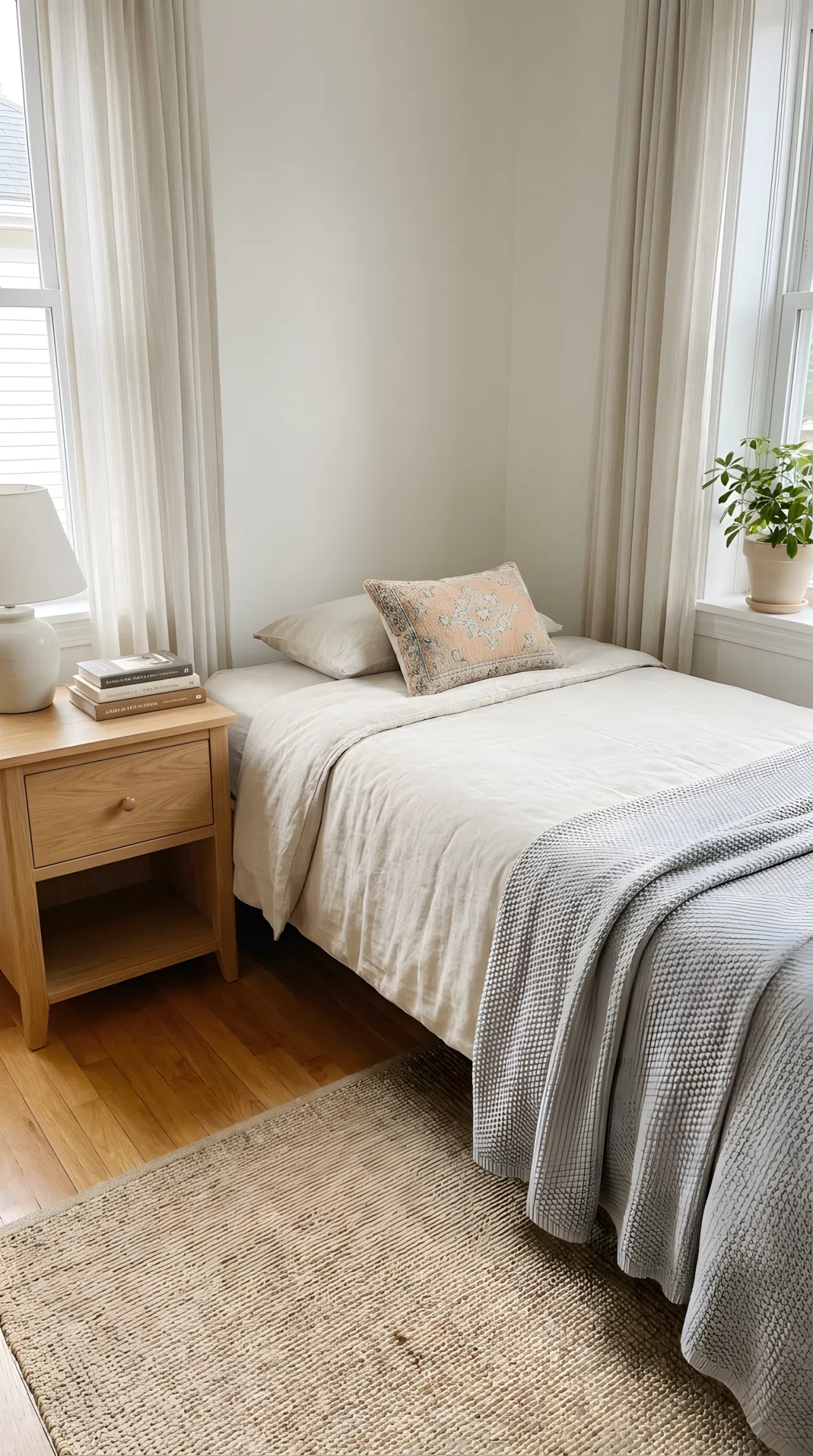 A small guest bedroom with a single bed dressed in beige and soft gray bedding, one small colorful cushion accent, light wood nightstand with a stack of books, bright natural light, neatly made, beautifully arranged and organized, real-life stock photography style, vibrant subtle tones, no people, no text overlay.