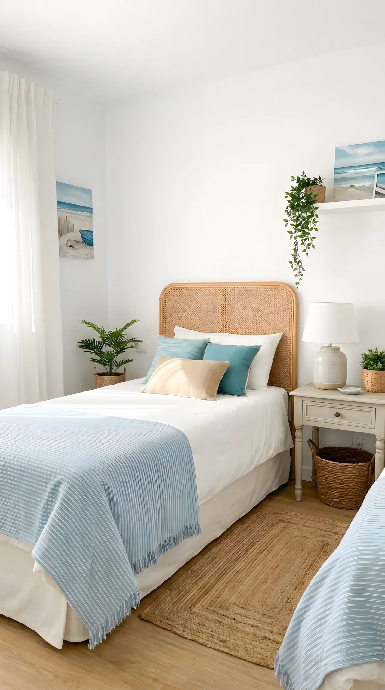 A small guest bedroom with a single bed, woven rattan headboard, light blue striped throw (RGB 168, 200, 217), simple white curtain, bright natural light, neatly made bedding, beautifully arranged and organized, real-life stock photography style, vibrant coastal tones, no people, no text overlay.