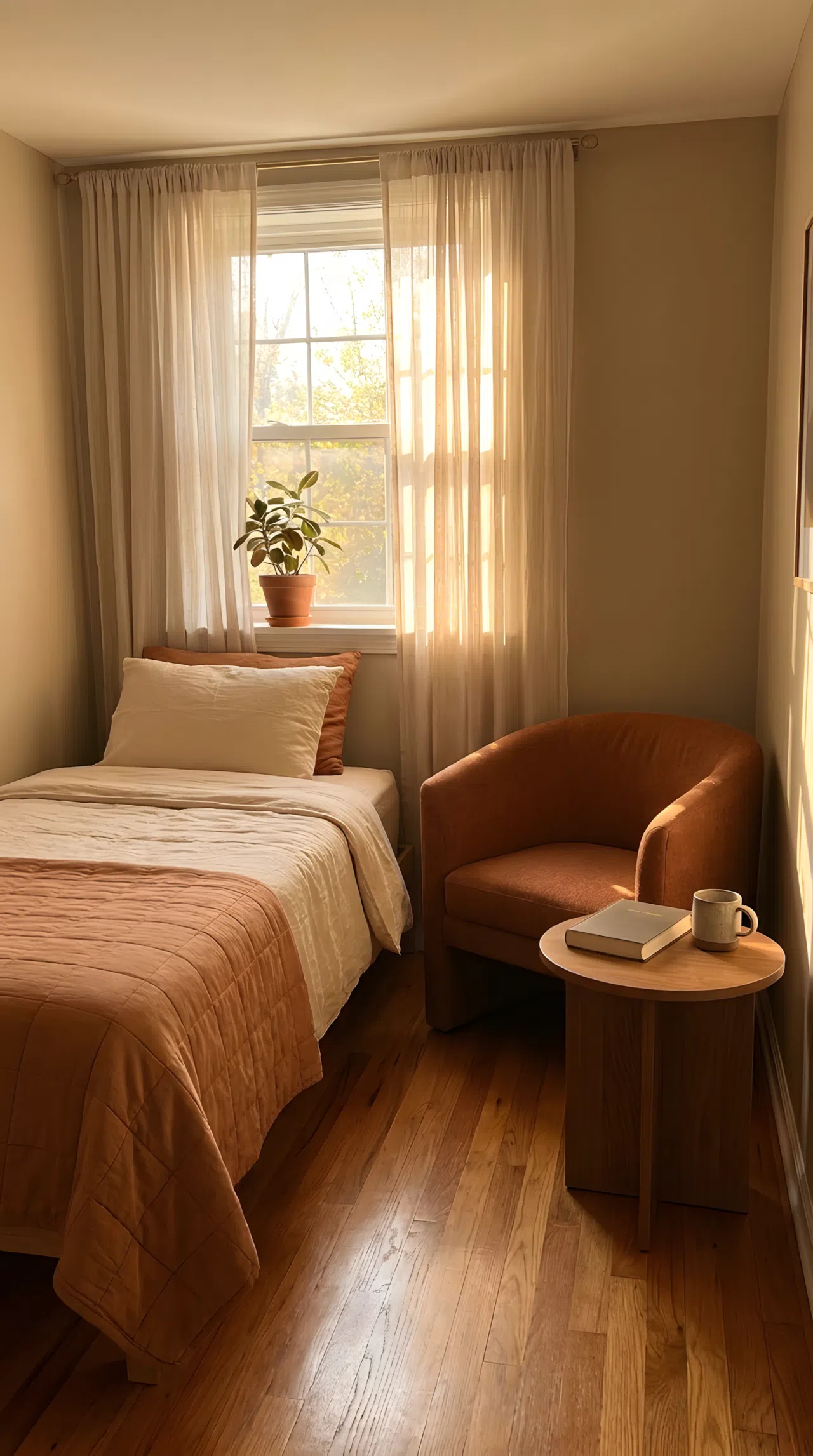 A small guest bedroom with a single bed and a compact armchair tucked into the corner, small round side table beside the chair with a book, bright natural light from a nearby window, neatly made bedding, beautifully arranged and organized, real-life stock photography style, vibrant warm tones, no people, no text overlay.