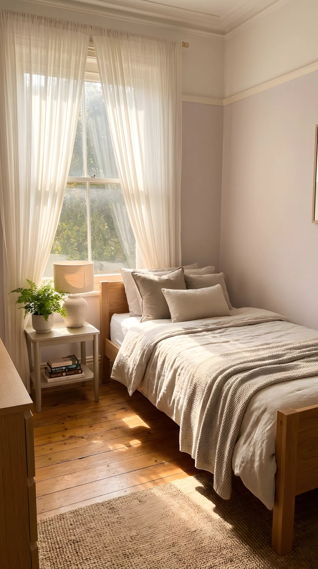 A small guest bedroom with a single bed positioned near a window, sheer curtains filtering soft morning light across the bedding, neatly made, beautifully arranged and organized, bright natural light spilling into the room, real-life stock photography style, vibrant soft tones, no people, no text overlay.
