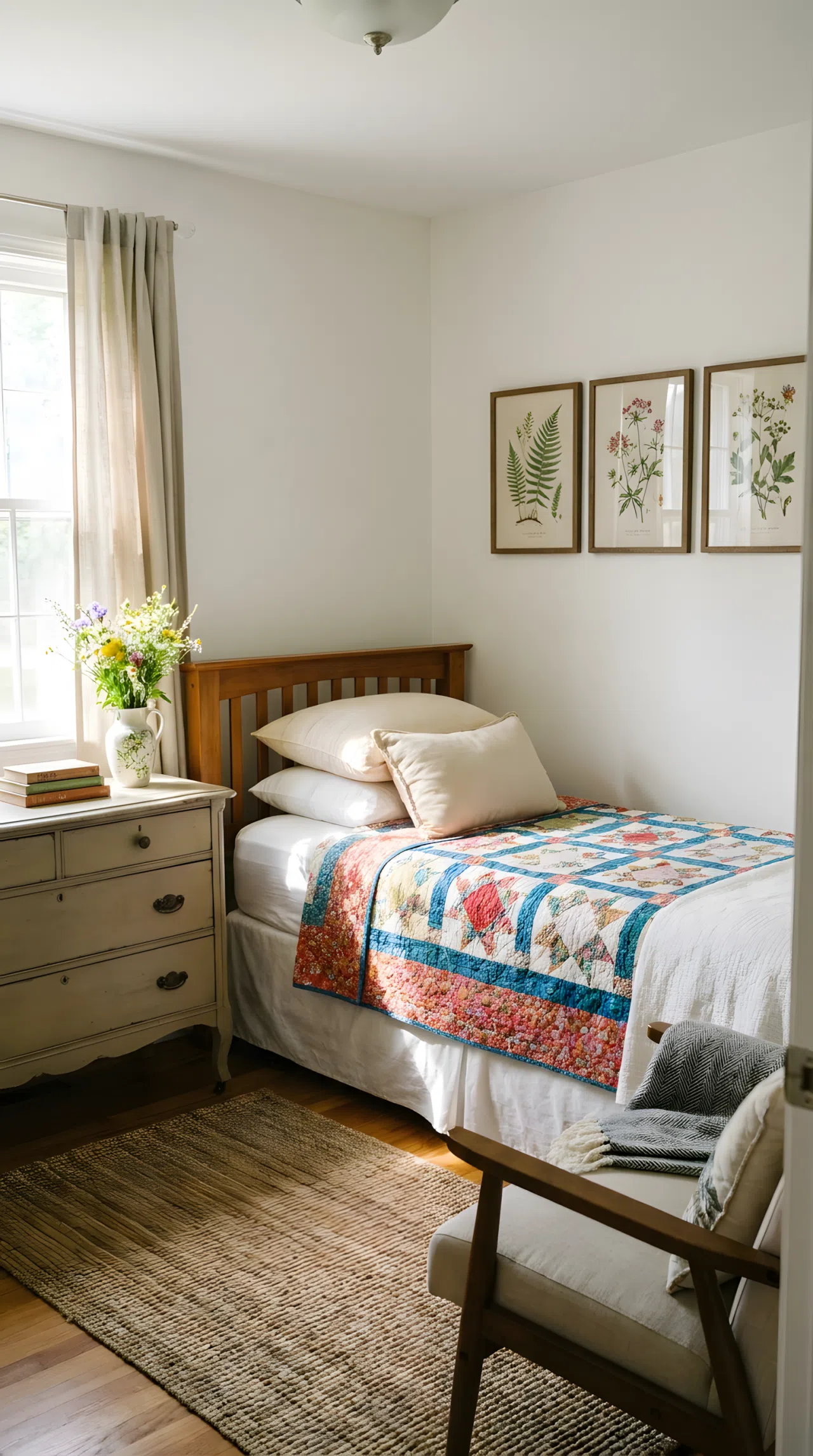 A small guest bedroom with a single bed, three matching framed botanical prints arranged above the headboard, neatly made bedding, bright natural light, beautifully arranged and organized, real-life stock photography style, vibrant tones, no people, no text overlay.