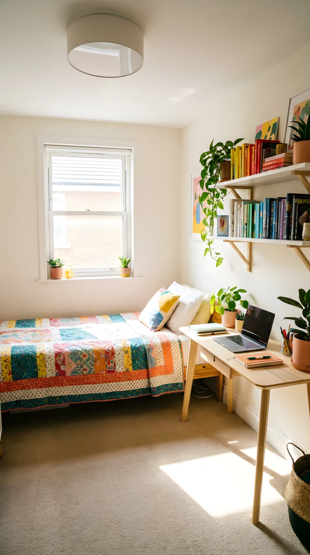 A small guest bedroom doubling as a home office, single bed neatly made near a slim wooden desk by the window, wall shelf with books, bright natural light streaming in, beautifully arranged and organized, clean workspace, real-life stock photography style, vibrant colors, no people, no text overlay.