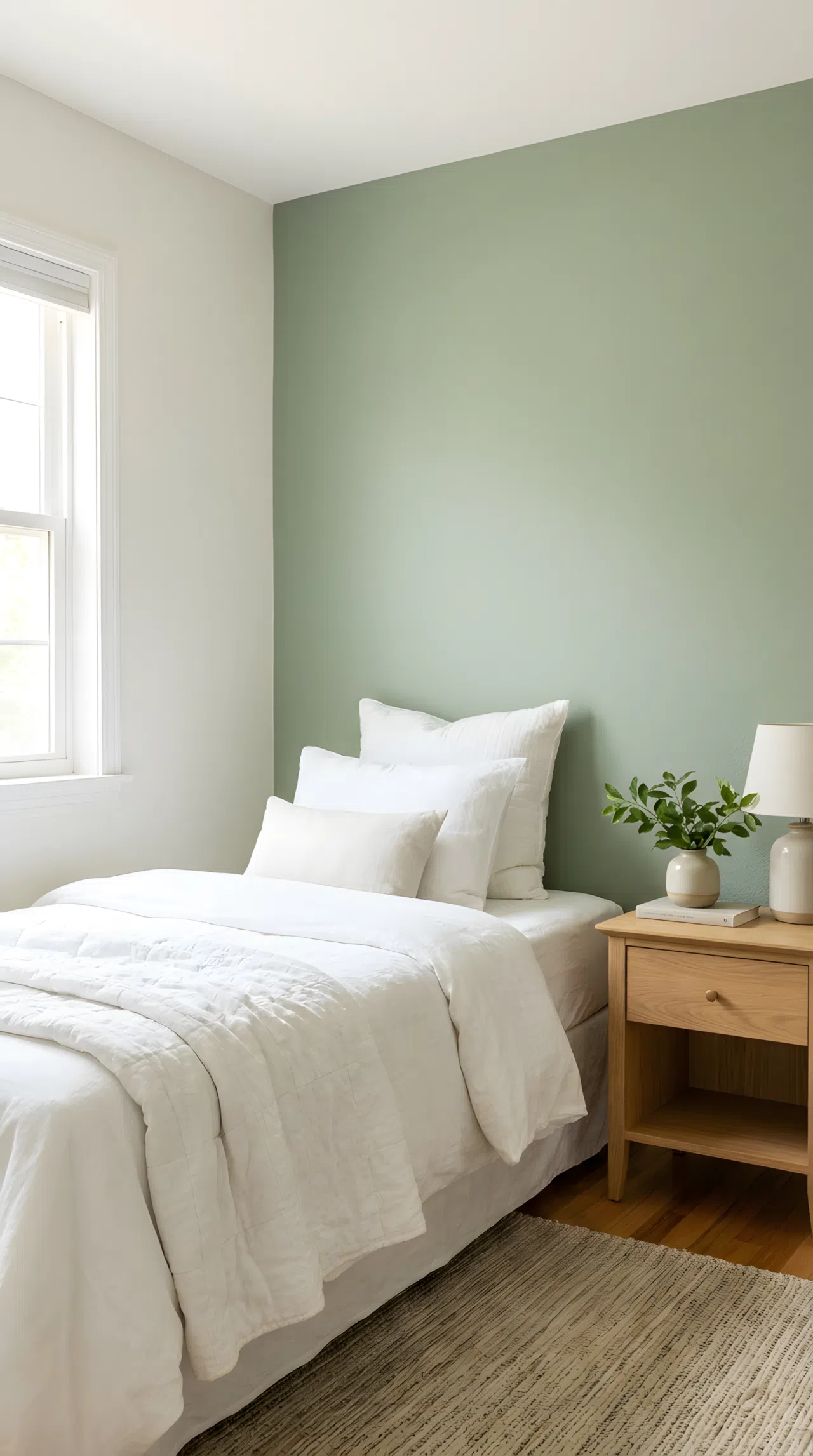 A small guest bedroom with a sage green accent wall (RGB 188, 204, 176) behind a single bed, neatly made white bedding, light wood nightstand with a small potted plant, bright natural light, beautifully arranged and organized, real-life stock photography style, vibrant fresh tones, no people, no text overlay.