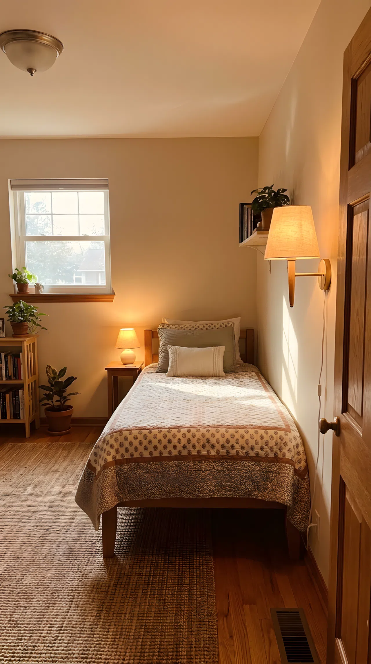 A small guest bedroom with a single bed, a bedside lamp positioned low near the pillow casting warm light across the bedding, a wall sconce near the door glowing softly at eye level, bright natural light layered with warm lamp light, neatly made, beautifully arranged and organized, real-life stock photography style, vibrant warm tones, no people, no text overlay.