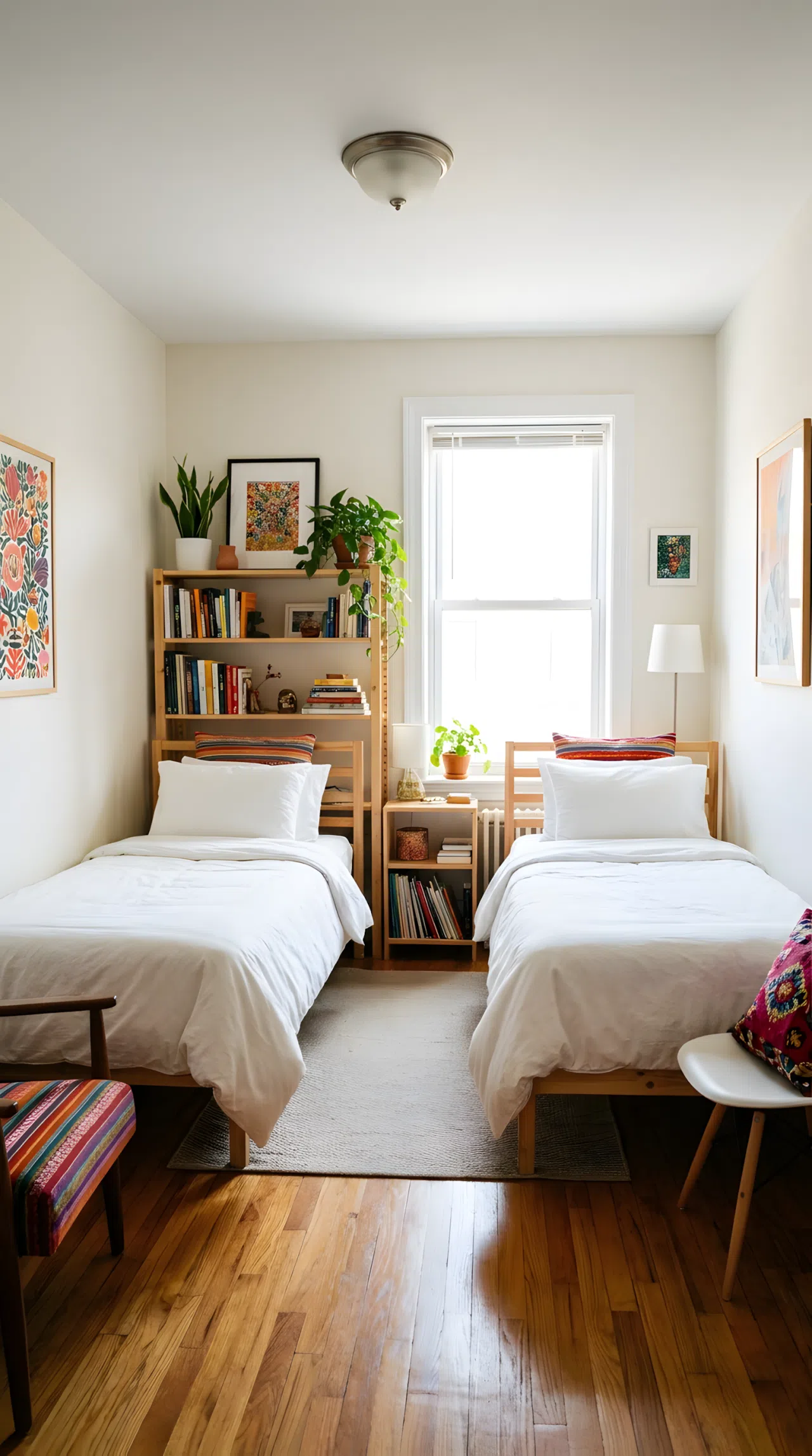 A small guest bedroom with two single beds placed along opposite walls, matching neatly made white bedding, a shared wooden shelf between the beds, bright natural light from a window, beautifully arranged and organized, clean layout, real-life stock photography style, vibrant tones, no people, no text overlay.