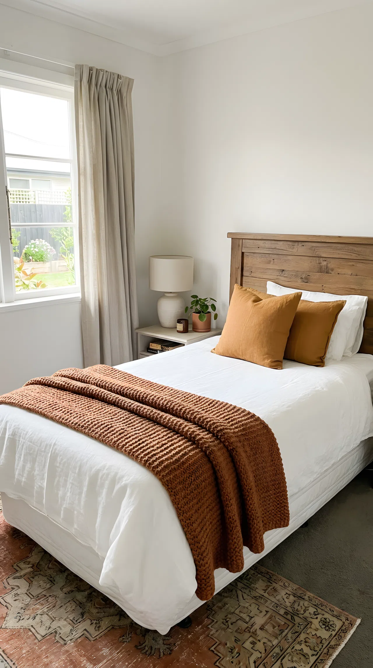 A small guest bedroom with a single bed, neatly made white bedding, a chunky knit throw folded at the foot of the bed, two matching cushions propped against the headboard, bright natural light, beautifully arranged and organized, real-life stock photography style, vibrant warm tones, no people, no text overlay.