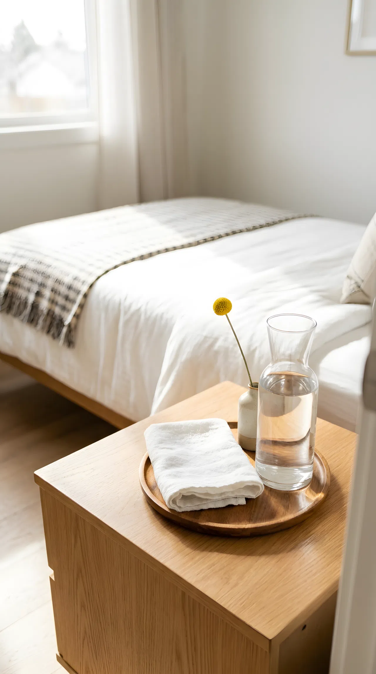 A small guest bedroom nightstand beside a single bed, a small wooden tray with a glass water carafe, folded white hand towel, single flower stem in a small vase, bright natural light, neatly made bed in the background, beautifully arranged and organized, real-life stock photography style, vibrant tones, no people, no text overlay.
