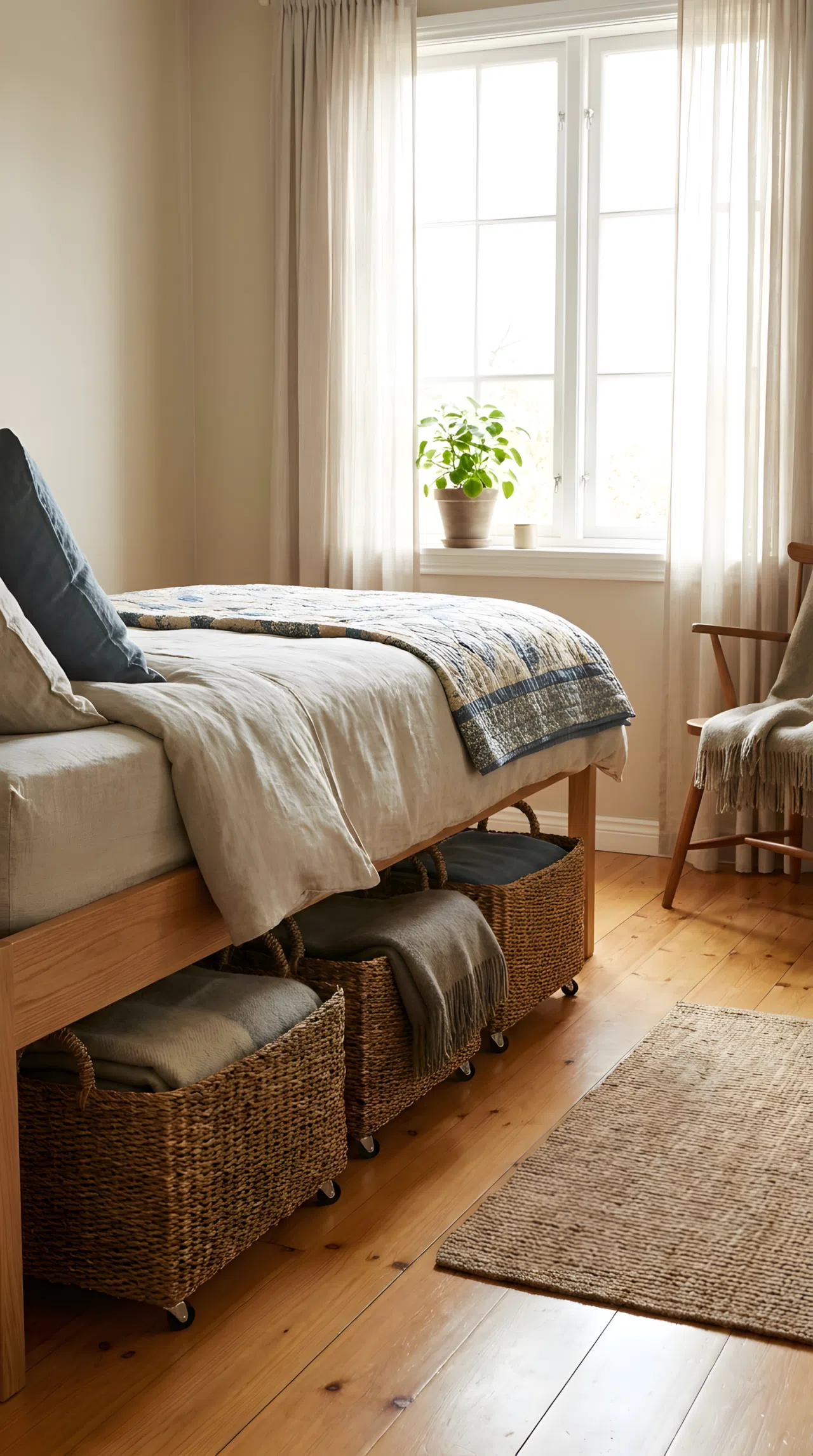 A small guest bedroom with a single bed, woven storage baskets tucked underneath on low casters, folded blankets visible inside, clear open floor space, bright natural light, neatly made bedding, beautifully arranged and organized, real-life stock photography style, vibrant natural tones, no people, no text overlay.