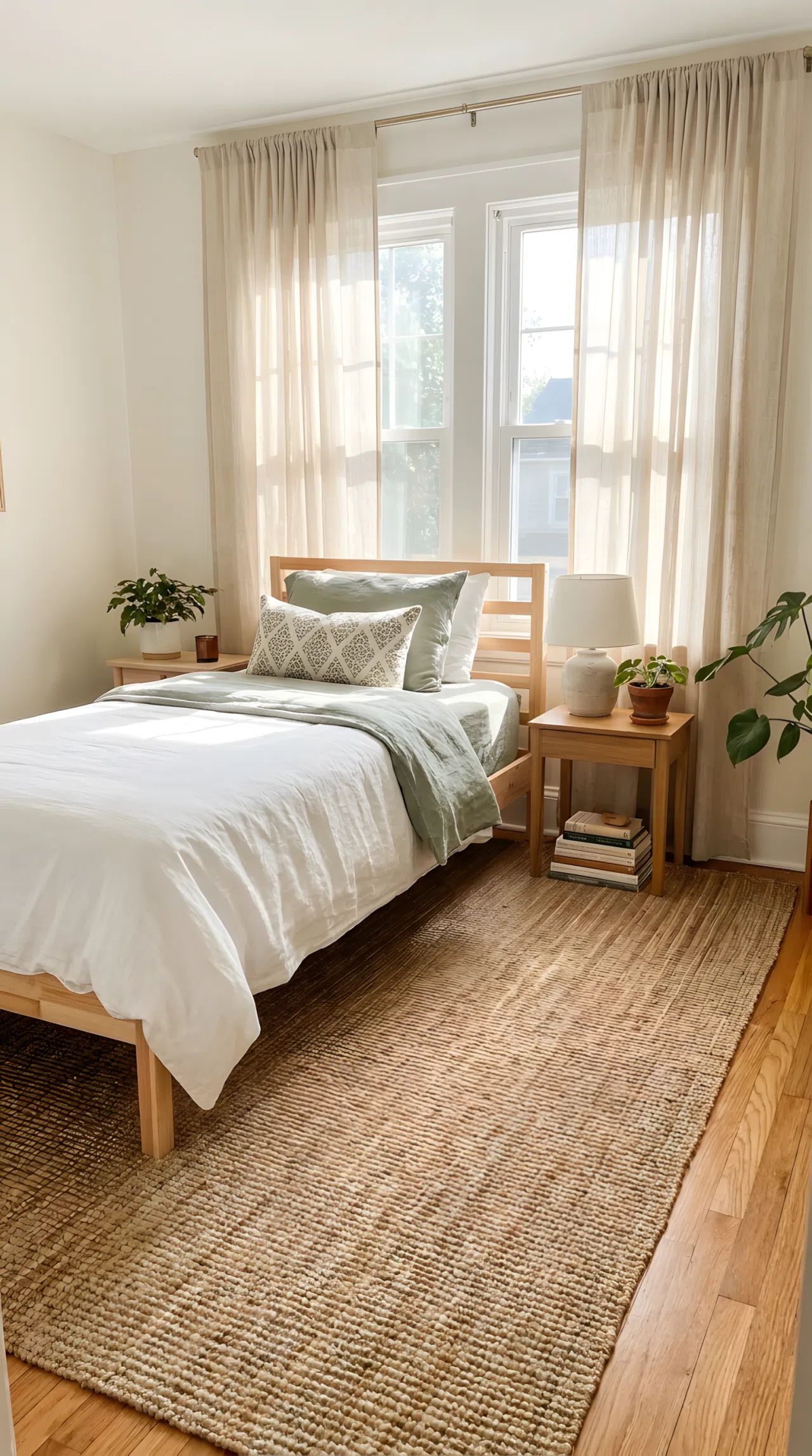 A small guest bedroom with a single bed, textured jute rug on the floor, light linen curtains framing the window, bright natural light filtering through, neatly made bedding, beautifully arranged and organized, real-life stock photography style, vibrant fresh tones, no people, no text overlay.