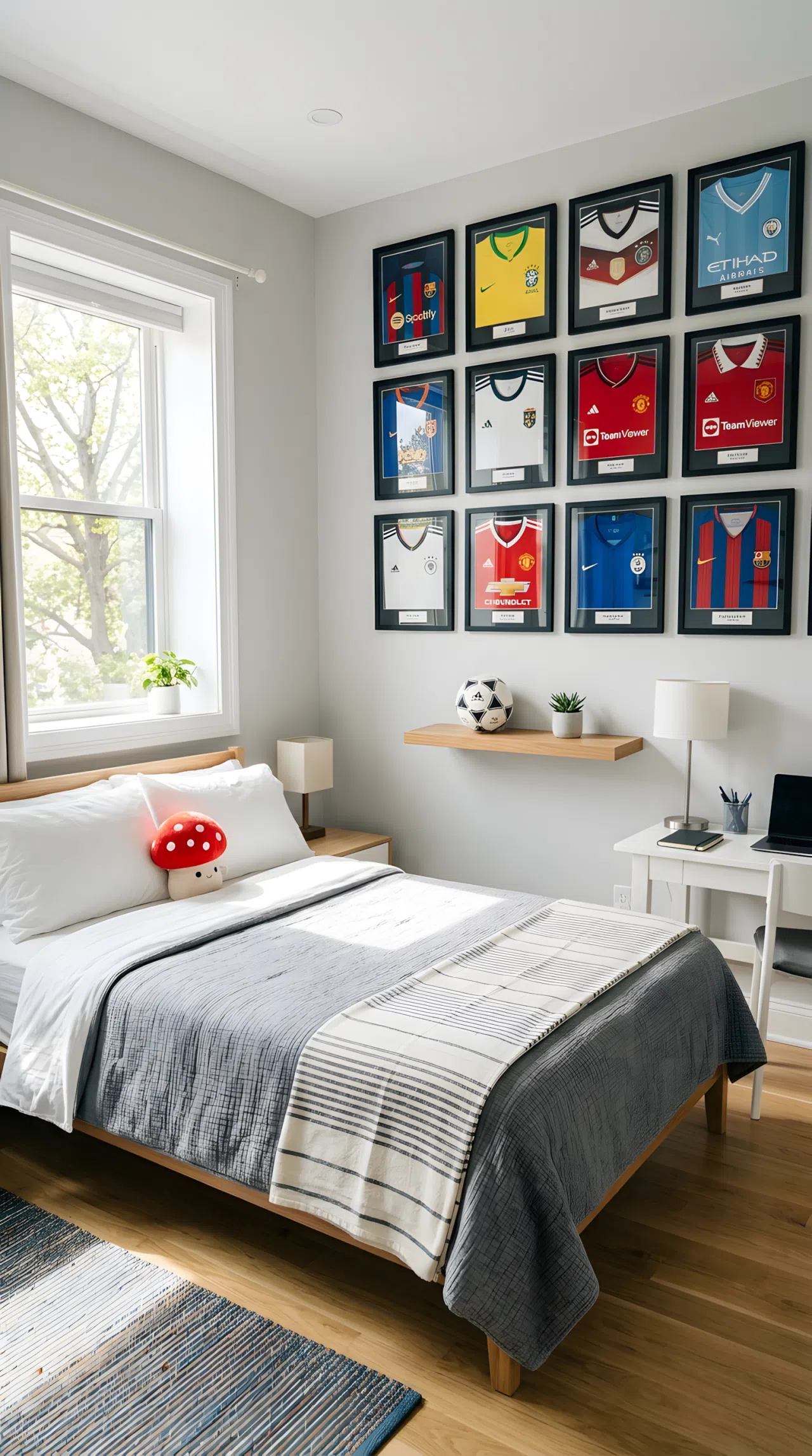 Real-life stock photograph of a bedroom, neatly made bed with a small red mushroom toy resting on the pillow, wall above the desk covered in beautifully arranged framed soccer jerseys in matching black frames, organized gallery layout, clean modern shelf below holding a soccer ball, bright natural light streaming through a window, vibrant colors, no people, no text overlays.