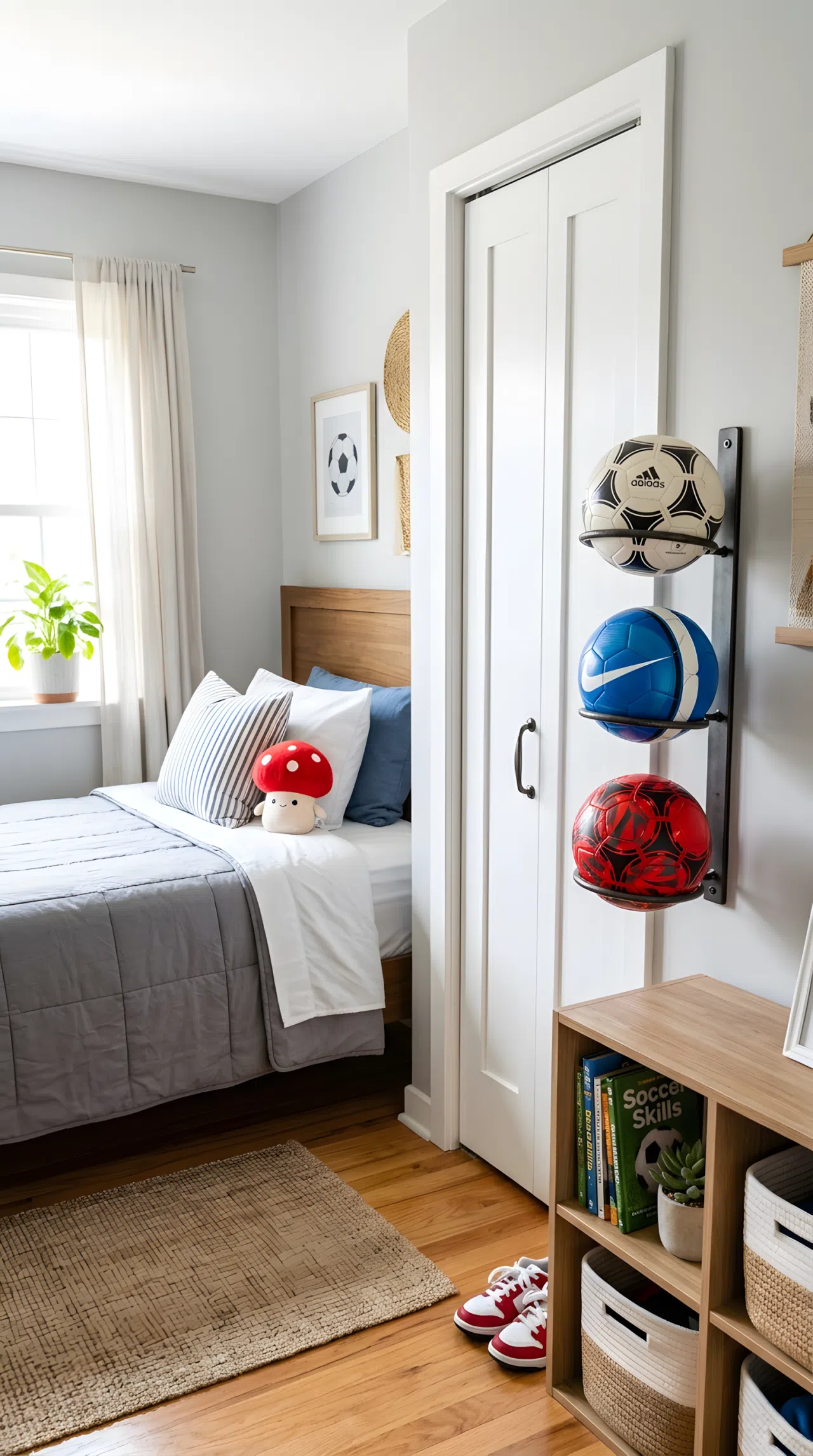 Real-life stock photograph of a bedroom corner near a closet, neatly made bed with a small red mushroom toy visible in the background, wall-mounted metal claw rack beautifully arranged holding three soccer balls, organized clean storage, minimal surrounding clutter, bright natural light from a window, vibrant colors, no people, no text overlays.